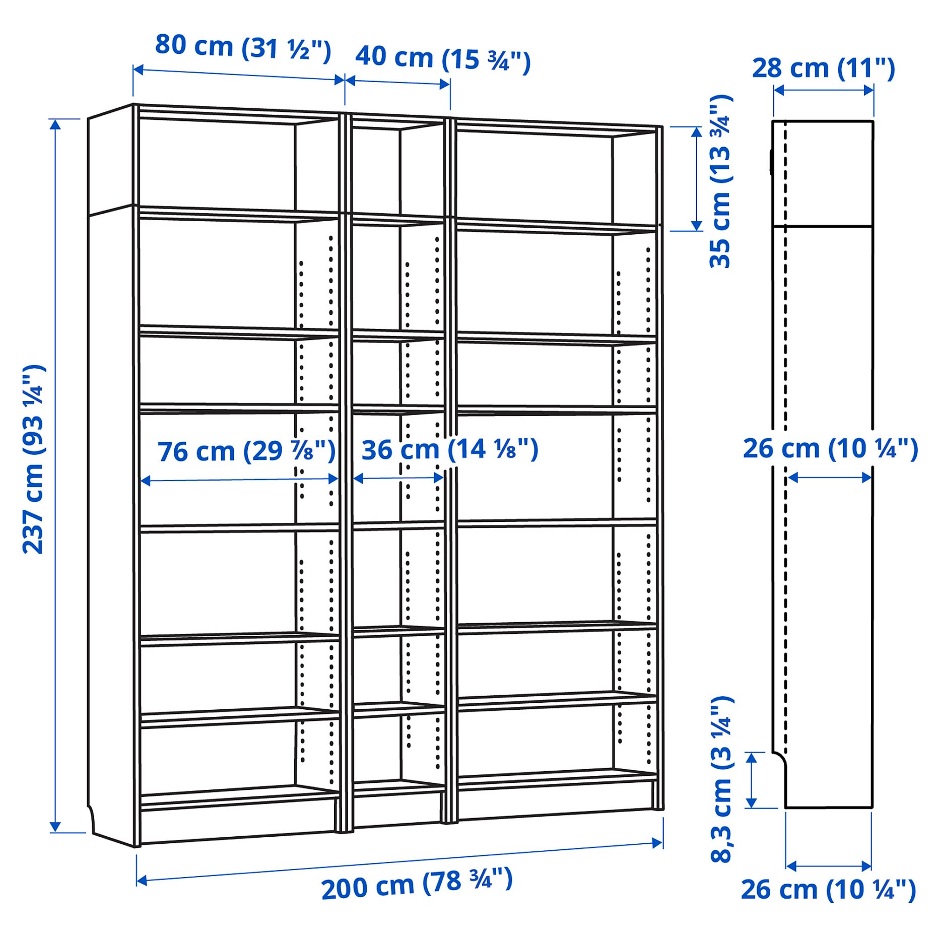 BILLY, bookcase combination with height extension units, 200x28x237 cm, 894.835.37