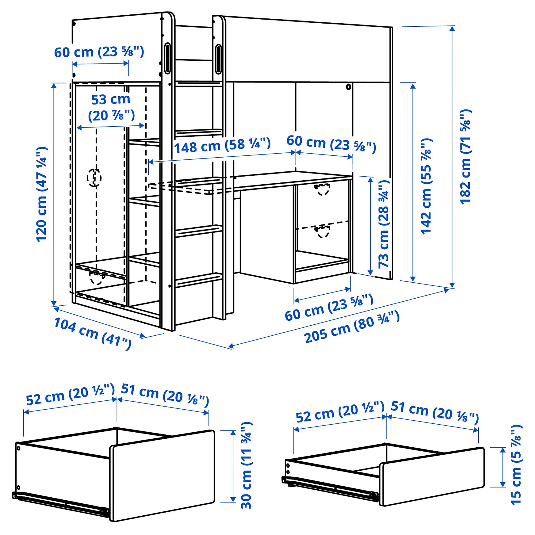 SMÅSTAD, loft bed with desk with 3 drawers, 90x200 cm, 895.420.23