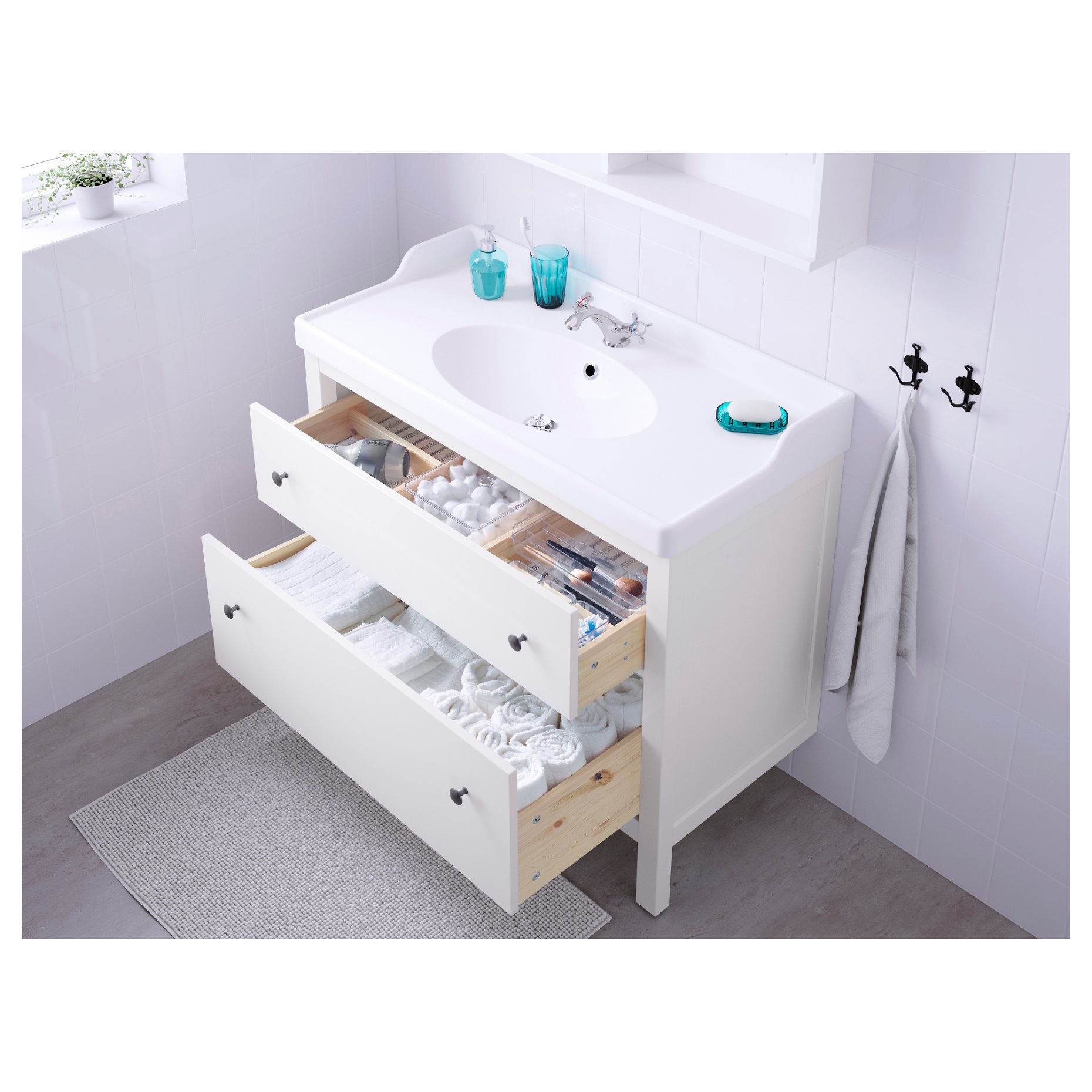 HEMNES/RUTSJON, βάση νιπτήρα με συρτάρια/νιπτήρα/μπαταρία, 102x49x95 cm, 895.468.27