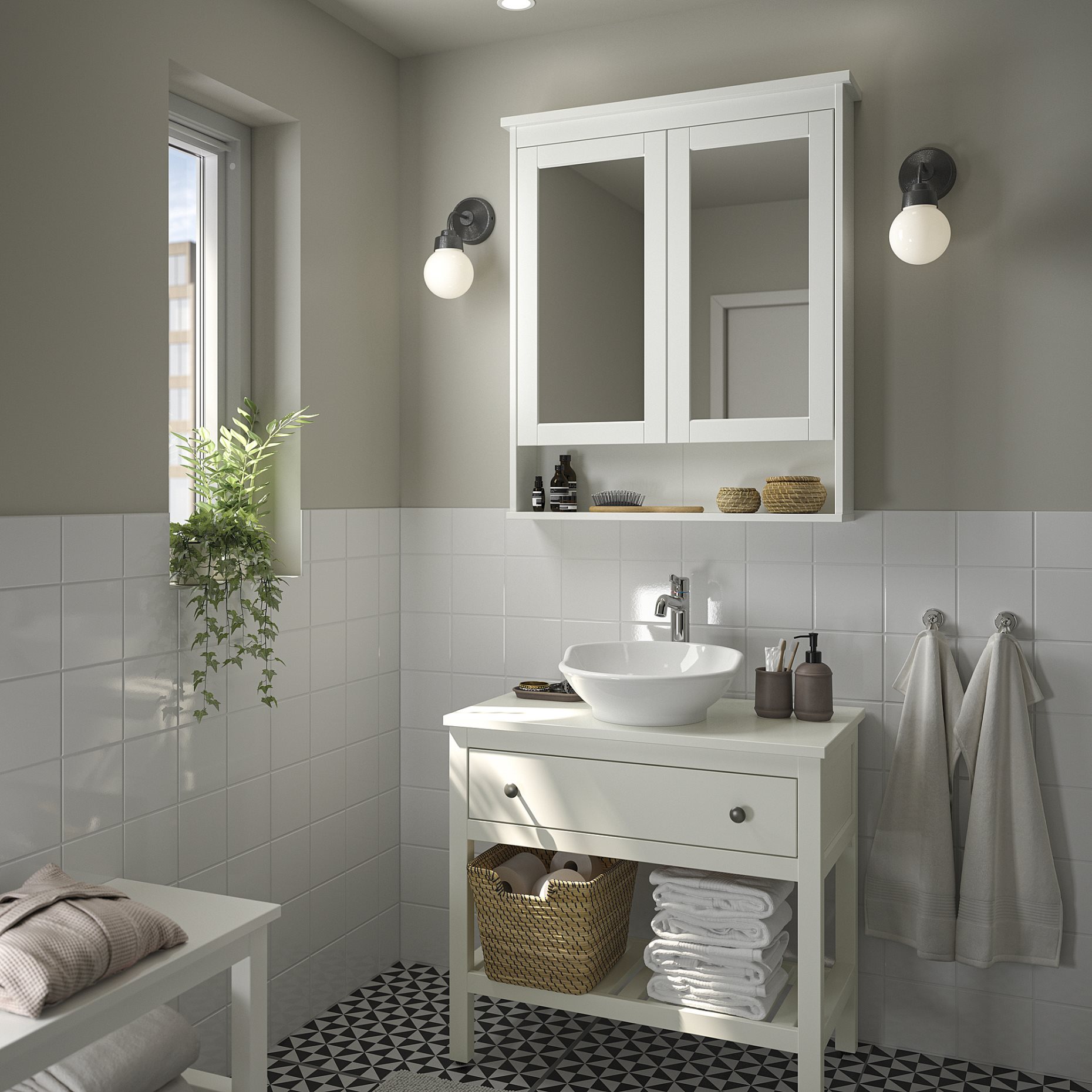 HEMNES/VÄSTER, βάση νιπτήρα με συρτάρι/νιπτήρα/μπαταρία, 82x48x90 cm, 895.684.71
