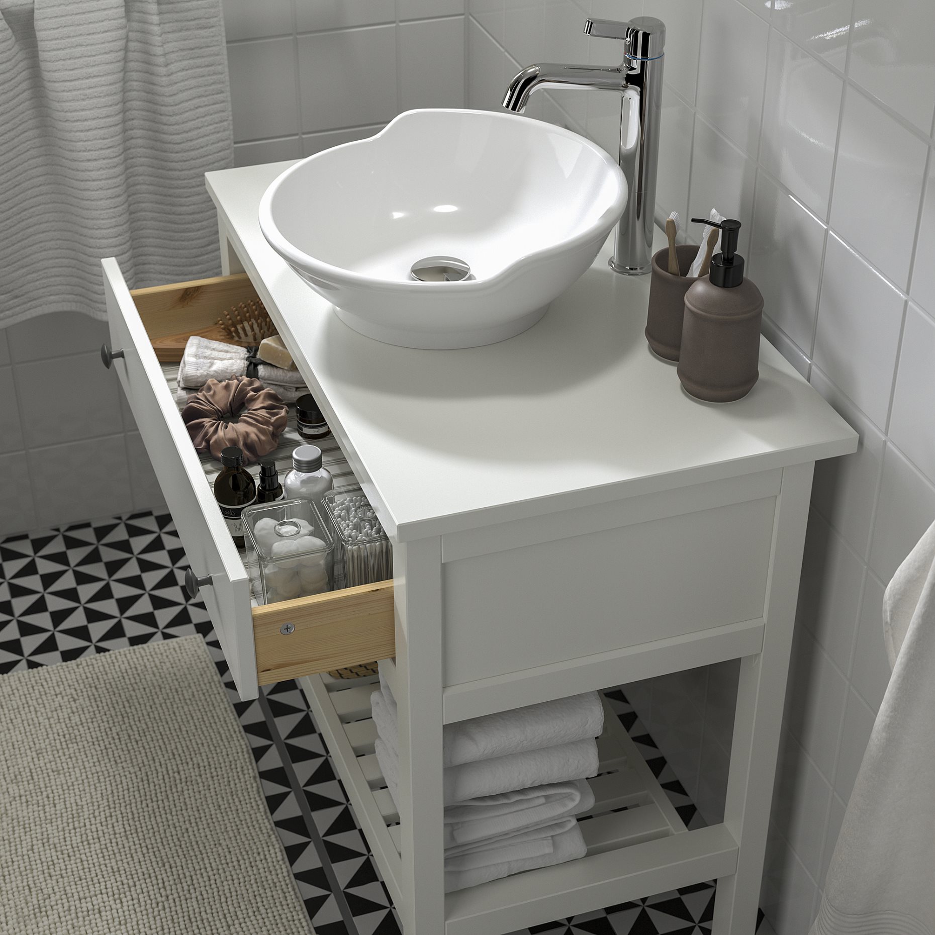 HEMNES/VÄSTER, βάση νιπτήρα με συρτάρι/νιπτήρα/μπαταρία, 82x48x90 cm, 895.684.71
