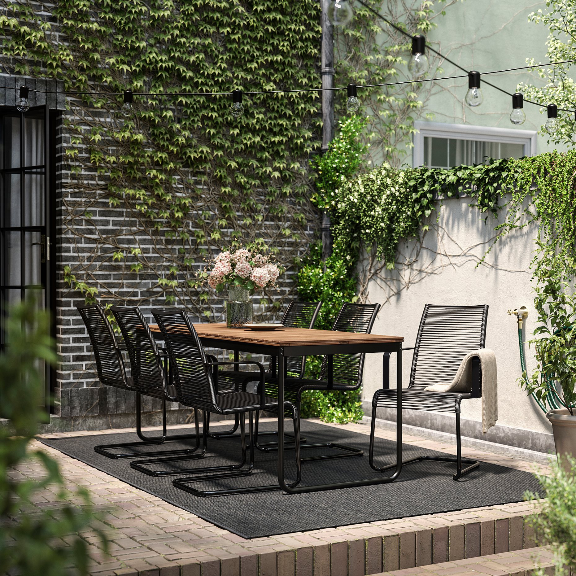 VÄSMAN/VÄSMAN, τραπέζι επεκτεινόμενο και 6 καρέκλες με μπράτσα/εξωτερικού χώρου, 135x190/74 cm, 895.826.79