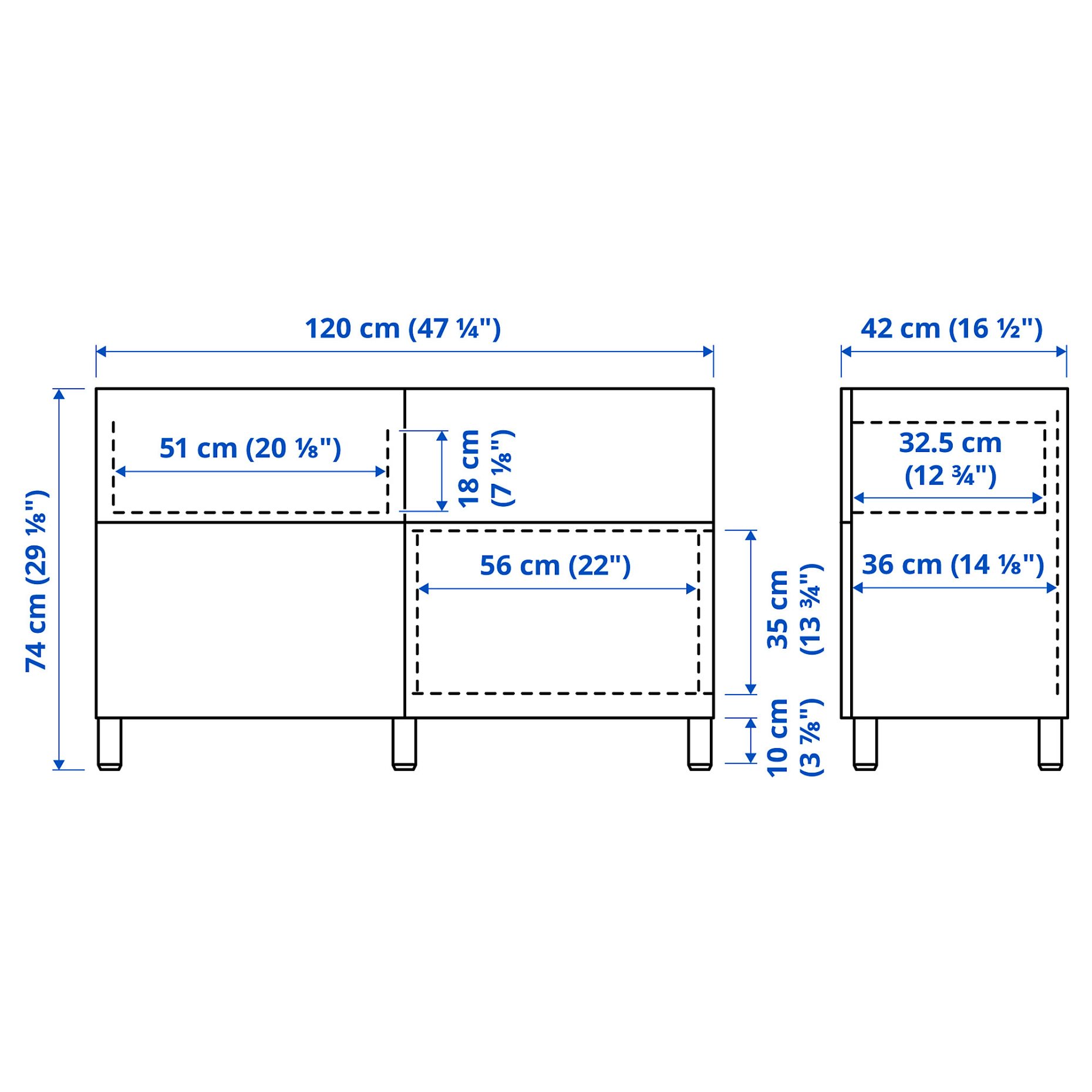 BESTÅ, σύνθεση αποθήκευσης με πόρτες/συρτάρια με μαλακό κλείσιμο, 120x42x74 cm, 991.953.05