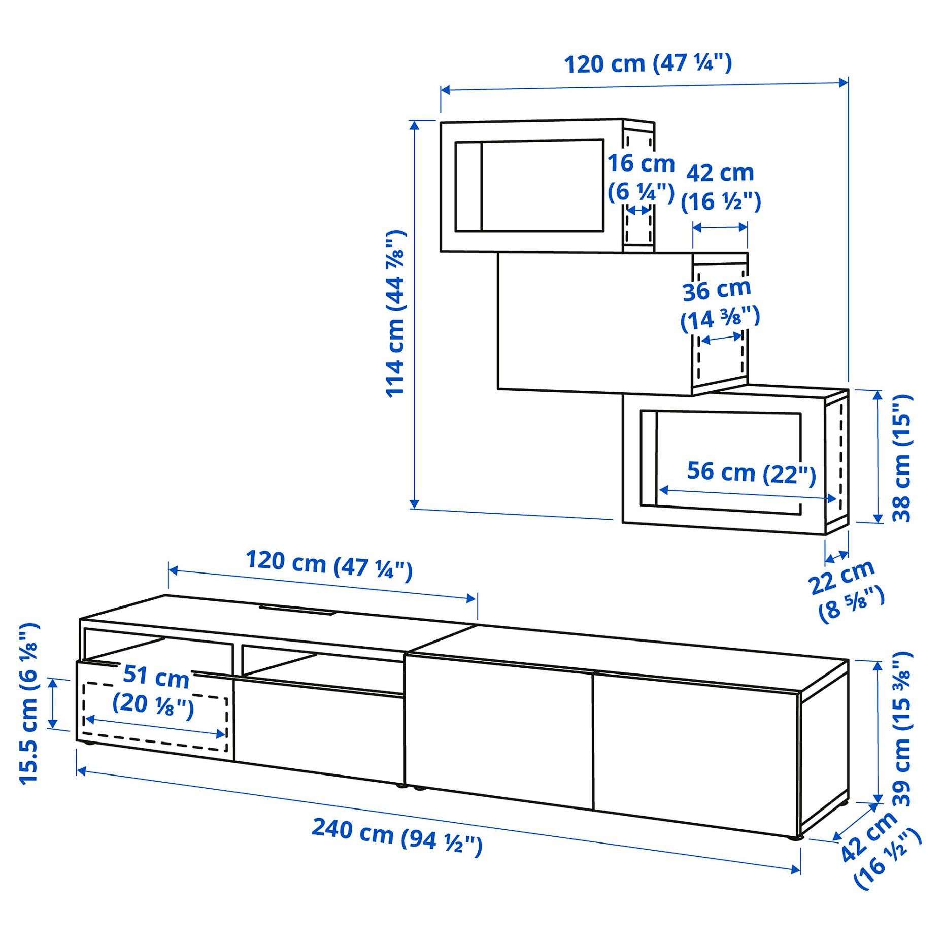 BESTÅ, σύνθεση αποθήκευσης TV/γυάλινες πόρτες/συρτάρια με μαλακό κλείσιμο, 240x42x190 cm, 994.113.14