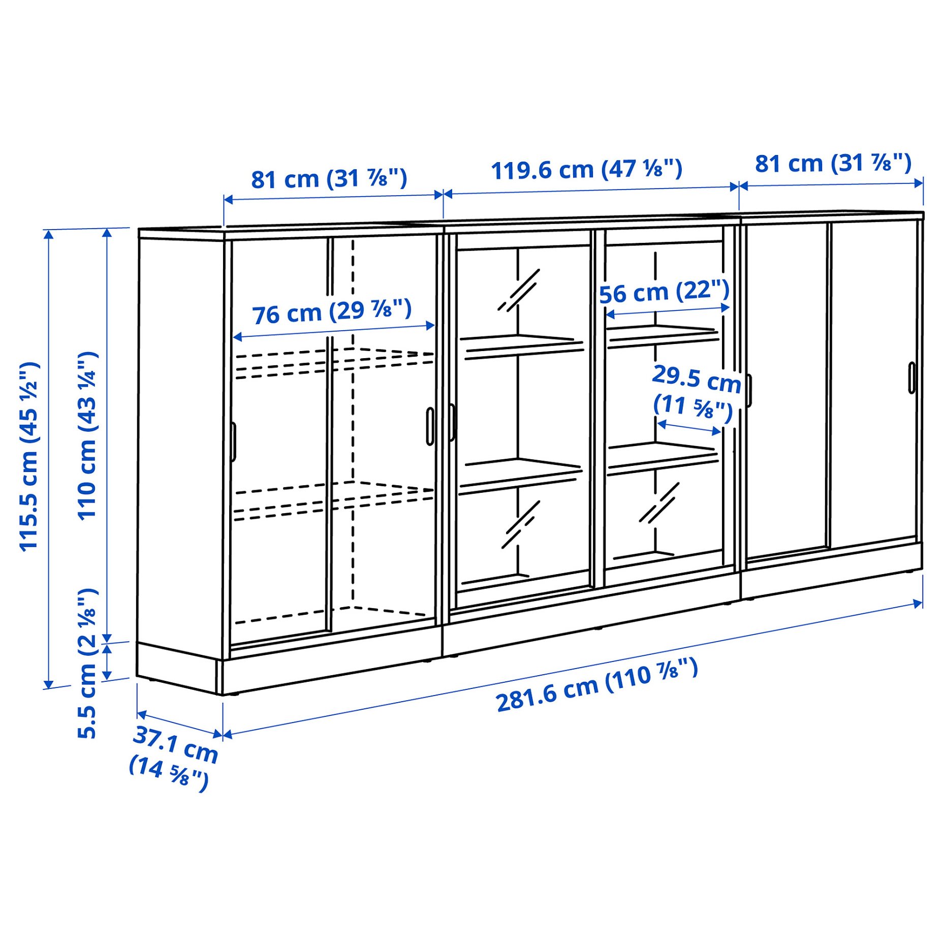 TONSTAD, storage combination with sliding doors, 282x37x116 cm, 995.717.60