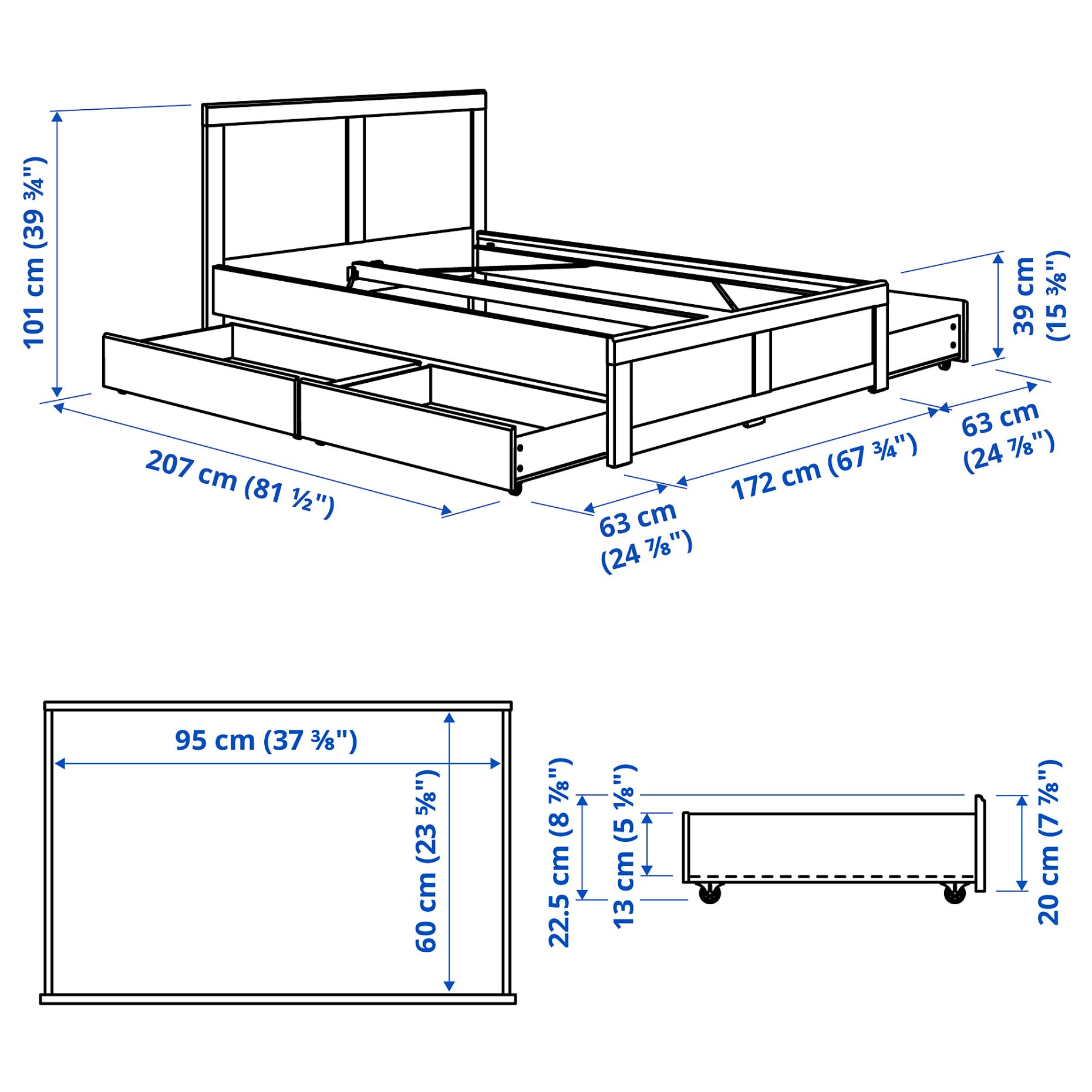 FÅGELFJÄLLET, bed frame with 4 storage boxes, 160x200 cm, 996.309.10