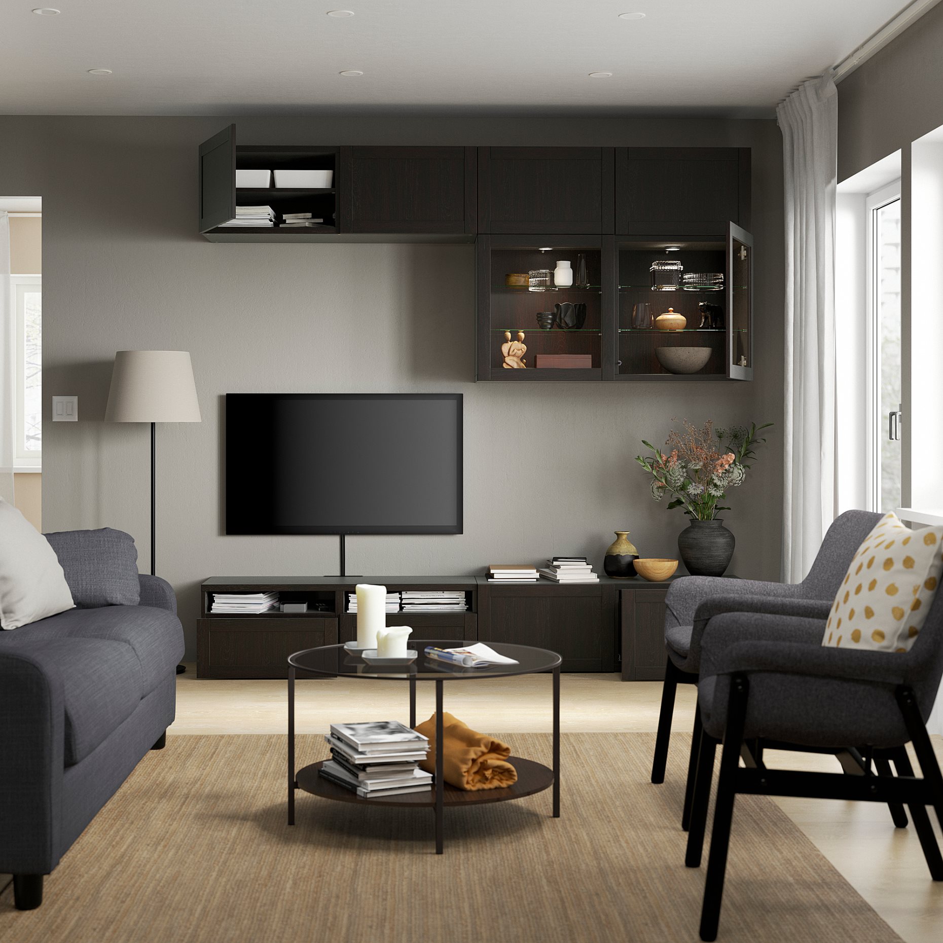 BESTÅ, TV storage combination/glass doors/drawers push open, 240x42x231 cm, 094.123.51