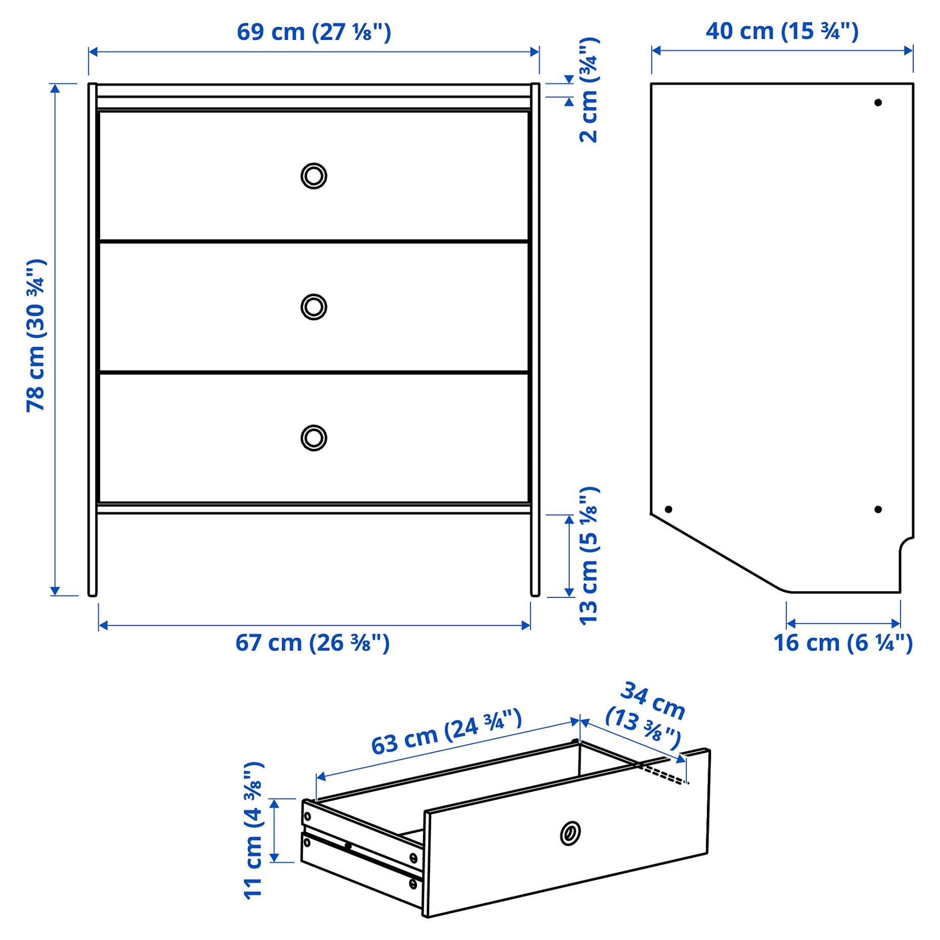 RACKNAS, συρταριέρα με 3 συρτάρια/επίτοιχη, 69x78 cm, 105.945.24