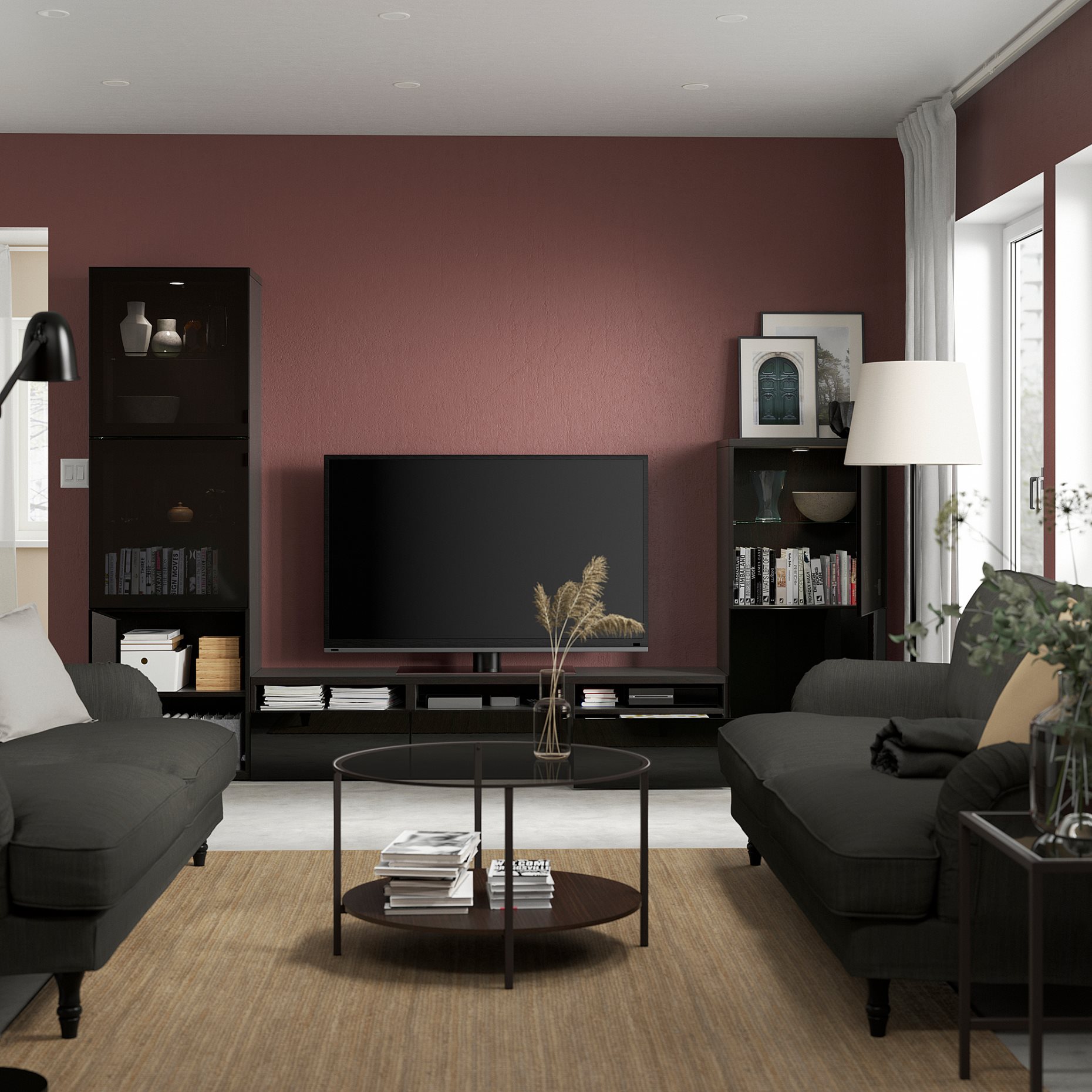 BESTÅ, σύνθεση αποθήκευσης TV/γυάλινες πόρτες/συρτάρια με μαλακό κλείσιμο, 300x42x193 cm, 293.307.88