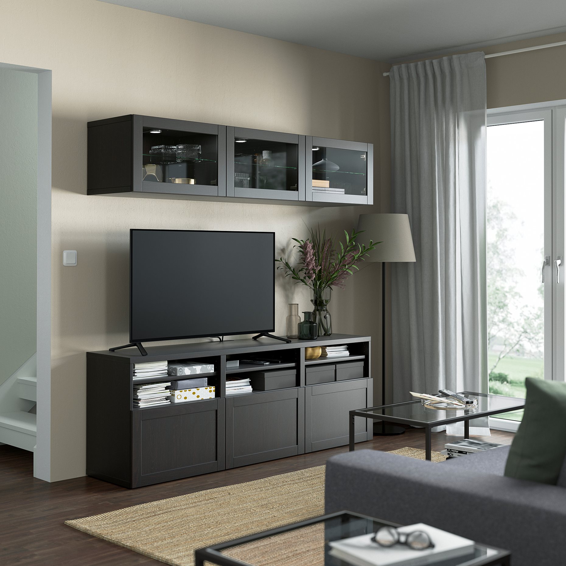 BESTÅ, TV storage combination/glass doors/drawers soft closing, 180x42x192 cm, 294.103.70