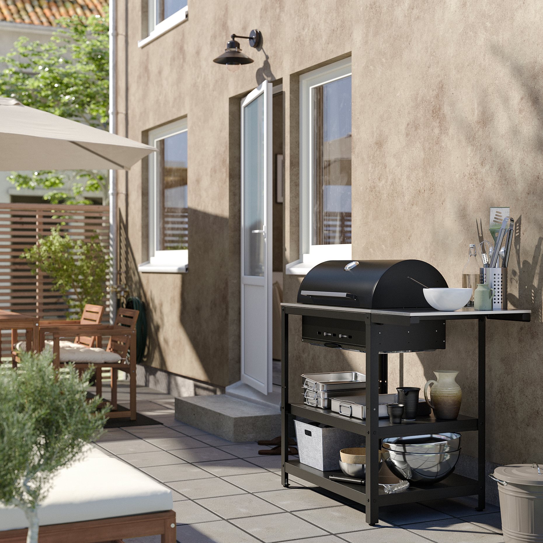 GRILLSKÄR, charcoal barbecue with side table/outdoor, 93/116x61 cm, 294.952.13