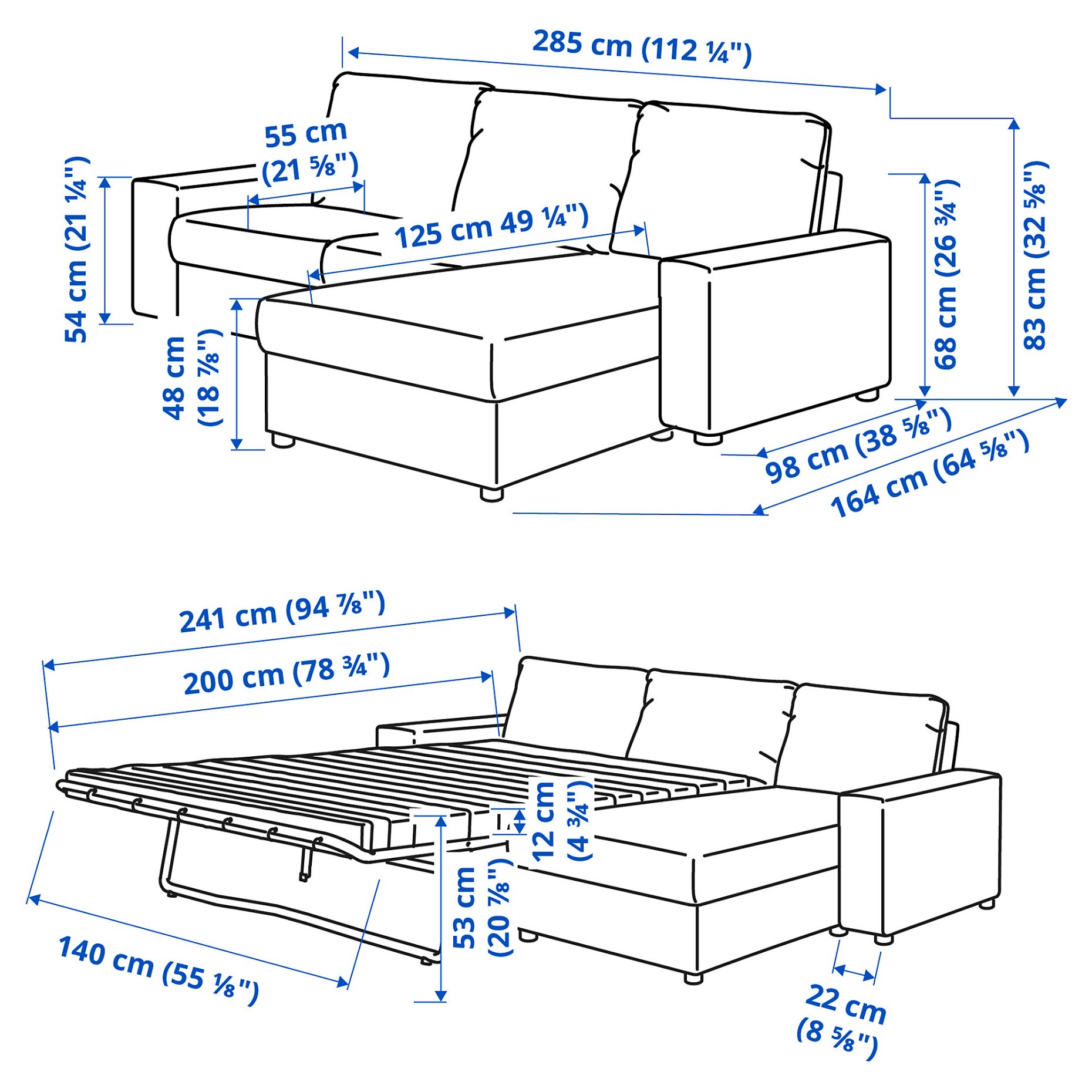 VIMLE, 3-seat sofa-bed with wide armrests and chaise longue, 295.452.13