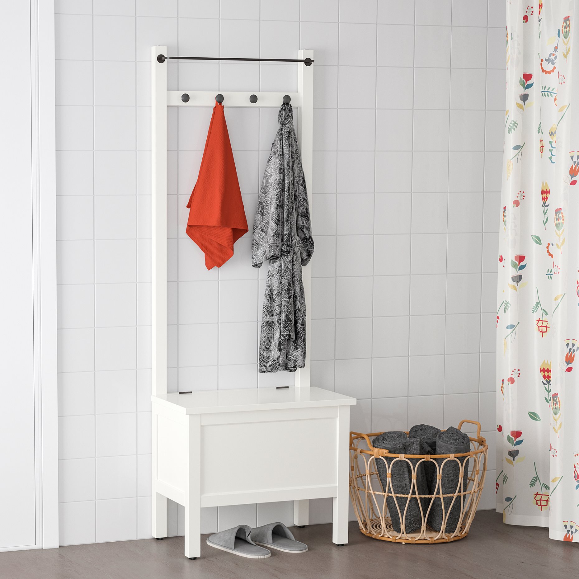 HEMNES, storage bench with towel rail/4 hooks, 303.966.55