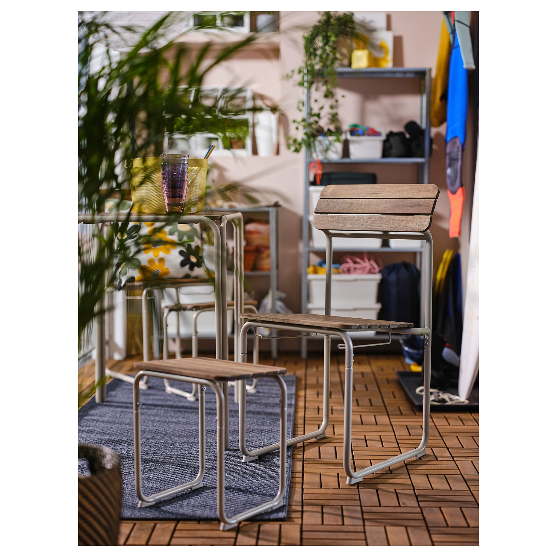 FURUON, dining table with 2 chairs/2 footstools/outdoor, 56x75 cm, 305.437.36
