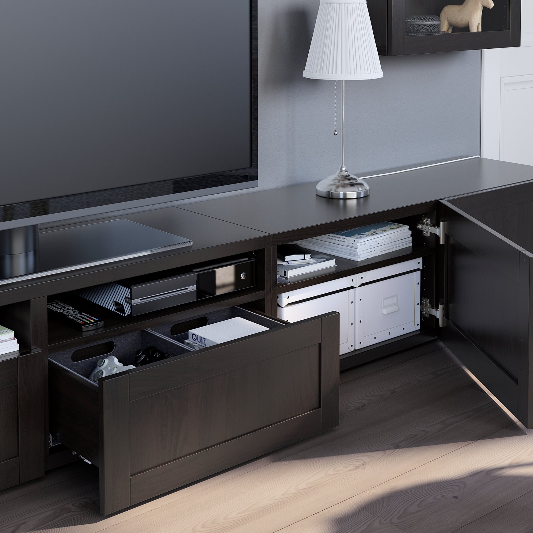 BESTÅ, TV storage combination/glass doors/drawers push open, 240x42x190 cm, 394.112.94