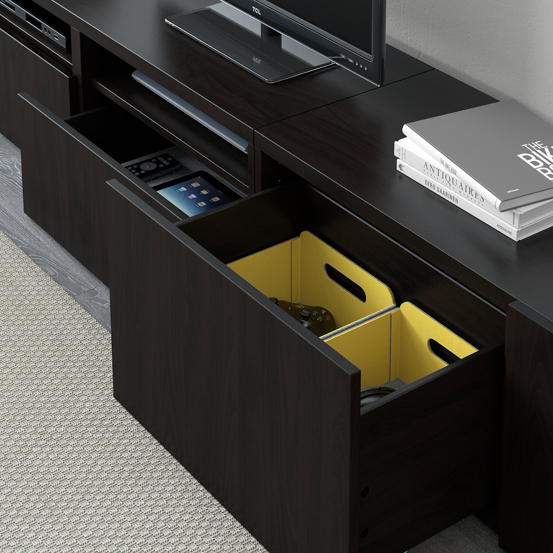 BESTÅ, TV storage combination/glass doors/drawers push open, 240x42x231 cm, 394.121.56