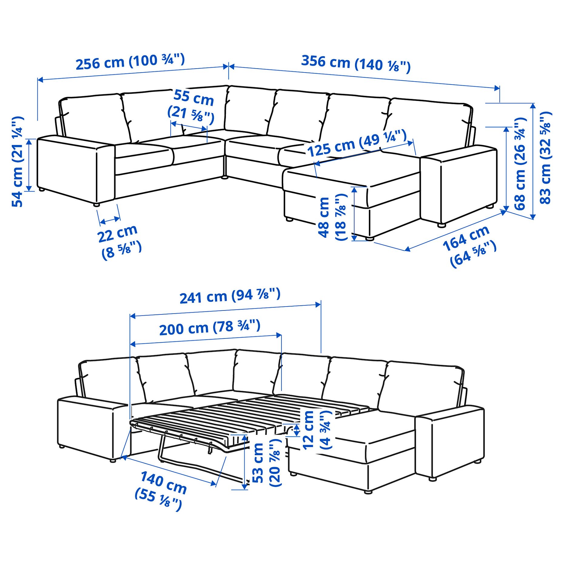 VIMLE, corner sofa-bed with wide armrests, 5-seat with chaise longue, 395.452.03
