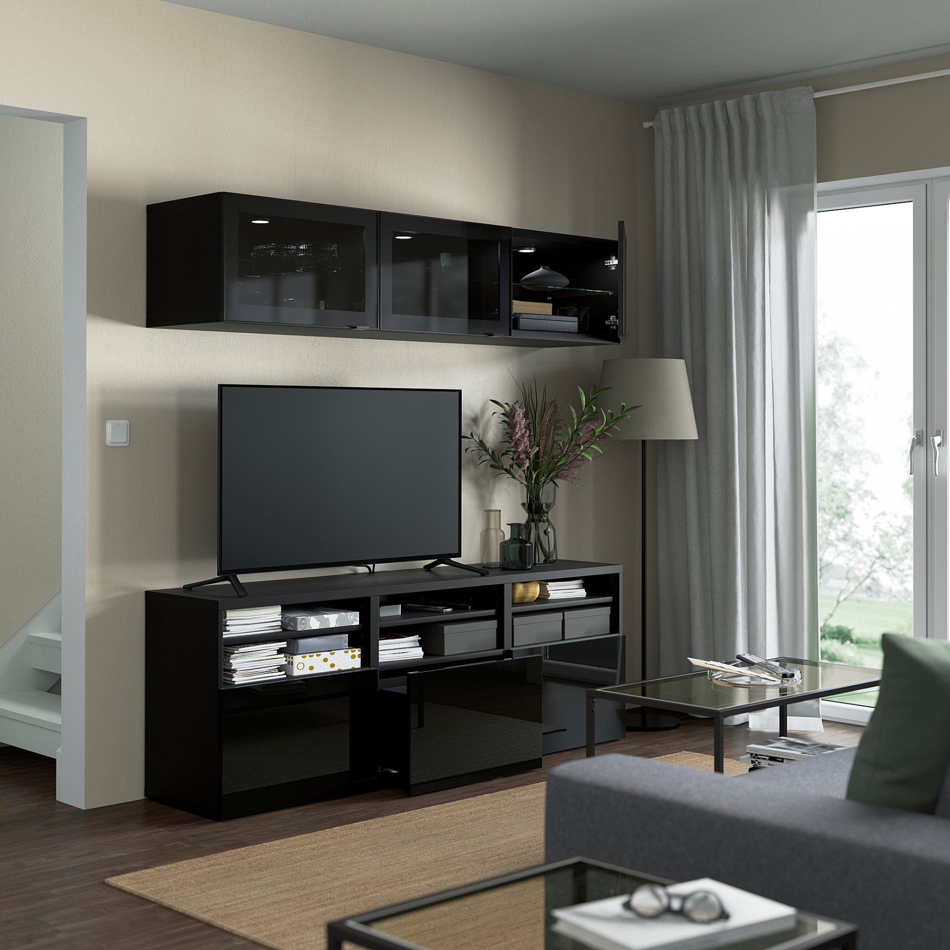 BESTÅ, TV storage combination/glass doors/drawers soft closing, 180x42x192 cm, 494.072.15