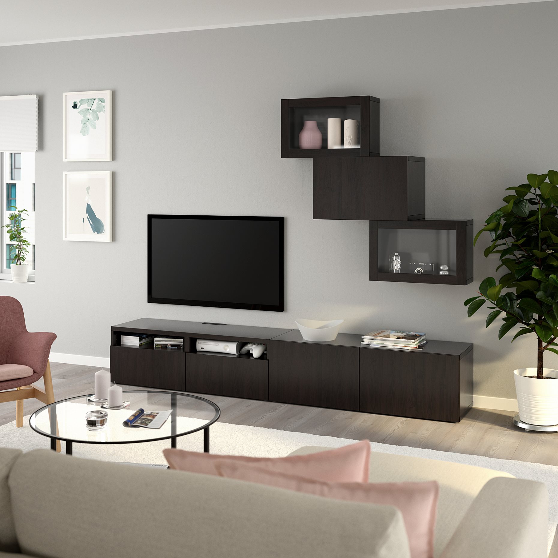 BESTÅ, TV storage combination/glass doors/drawers push open, 240x42x190 cm, 694.112.97