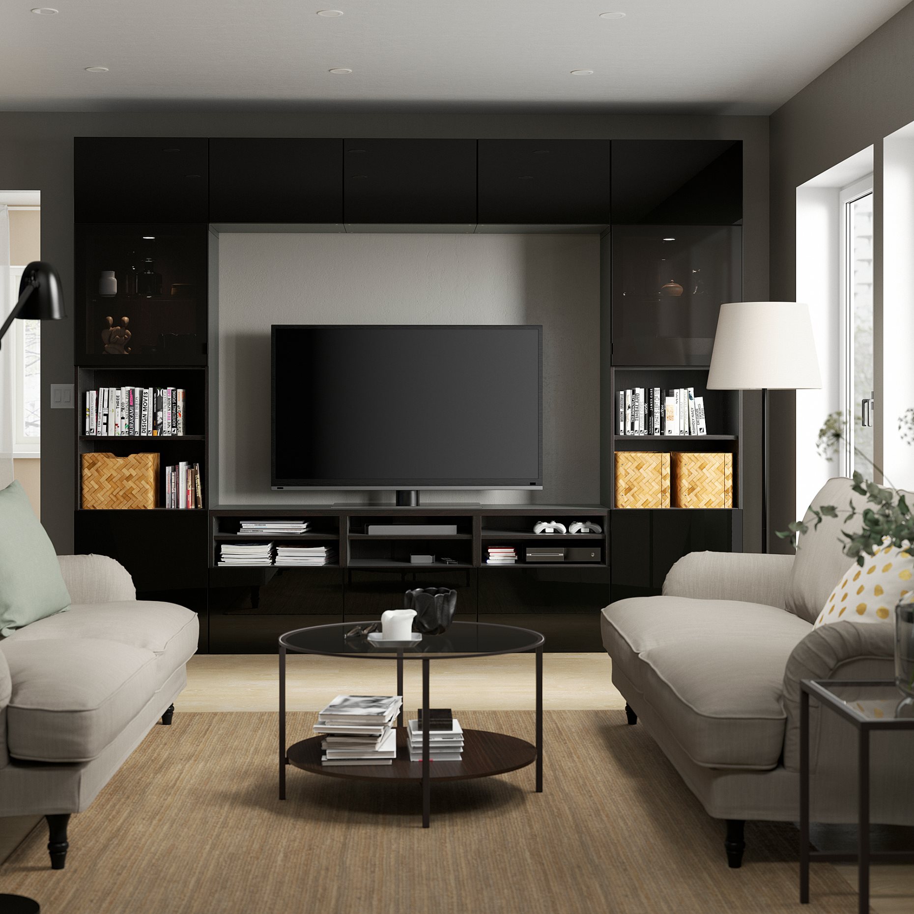 BESTÅ, TV storage combination/glass doors/drawers soft closing, 300x42x231 cm, 794.110.32
