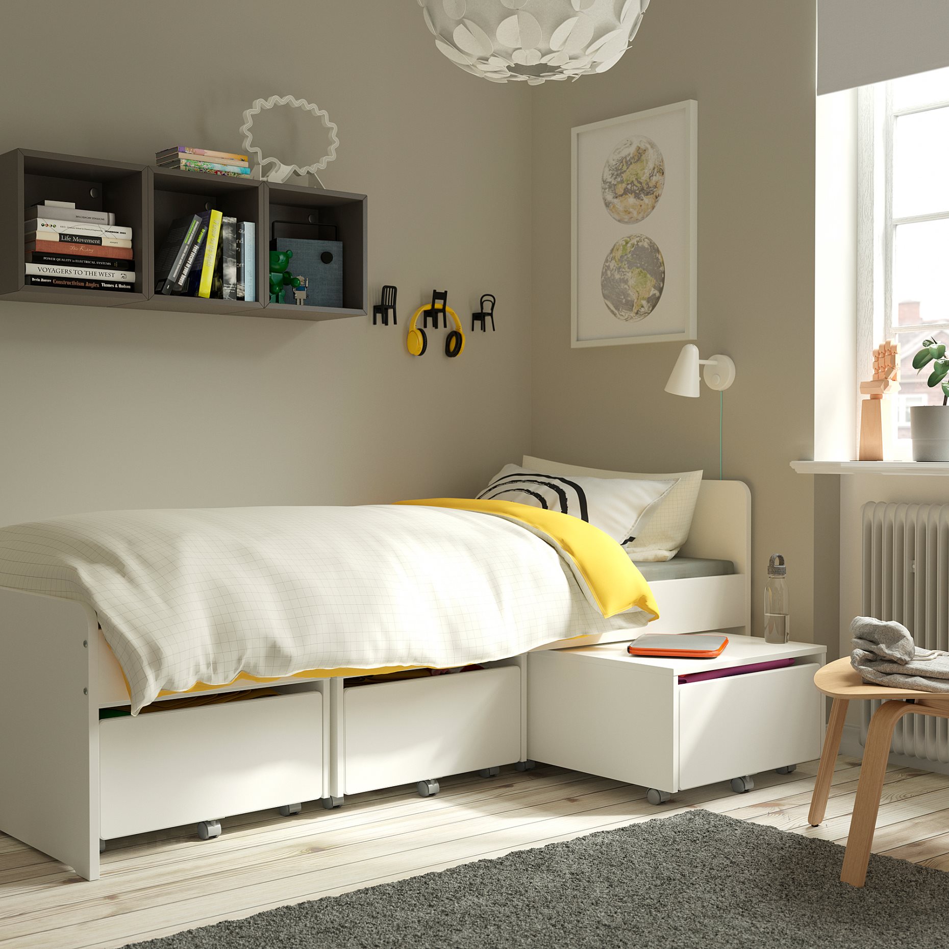 SLÄKT, σκελετός κρεβατιού με 3 κουτιά αποθήκευσης, 90x200 cm, 893.860.70