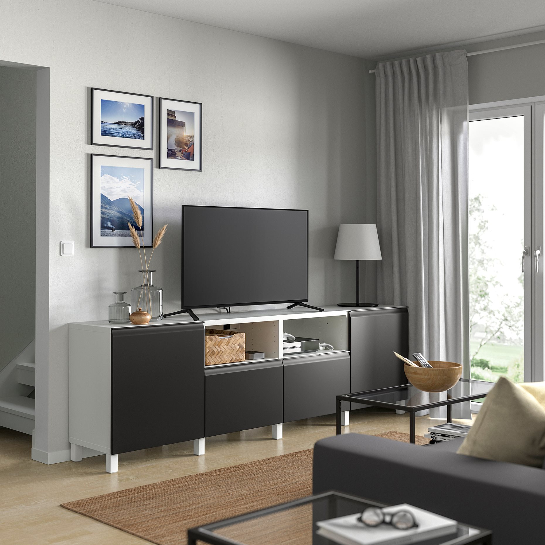 BESTÅ, TV bench with drawers and door, 240x42x74 cm, 995.689.46