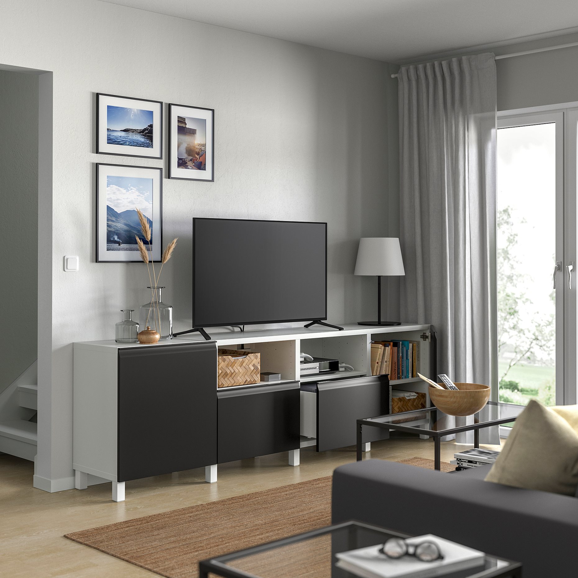 BESTÅ, TV bench with drawers and door, 240x42x74 cm, 995.689.46