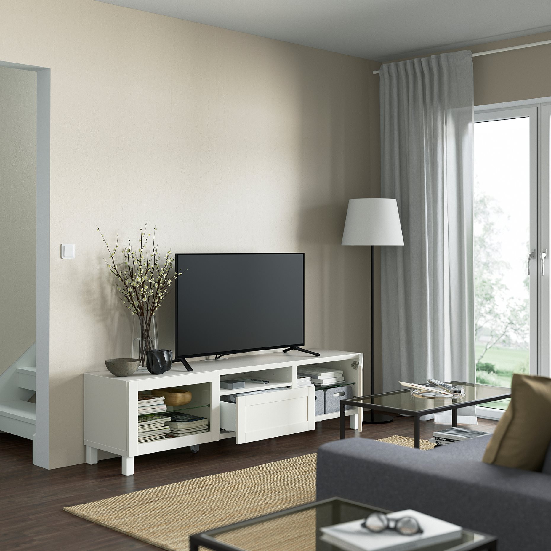 BESTÅ, TV bench with doors/drawer soft closing, 180x42x48 cm, 093.291.92