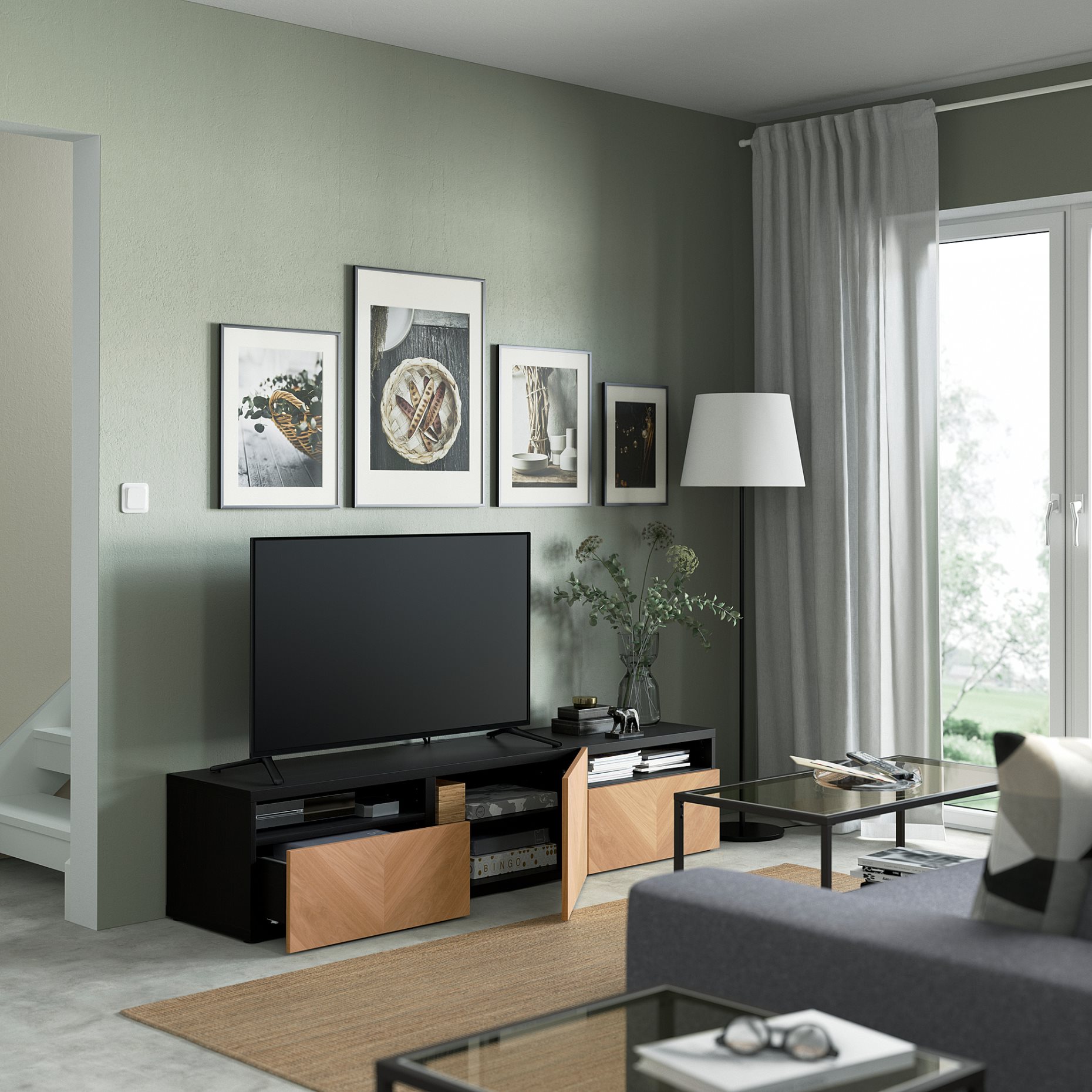 BESTÅ, TV bench with door/drawers push open, 180x42x39 cm, 094.324.53
