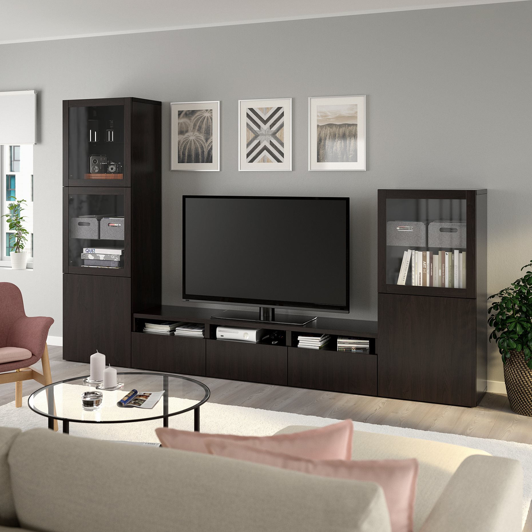 BESTÅ, σύνθεση αποθήκευσης TV/γυάλινες πόρτες/συρτάρια με μαλακό κλείσιμο, 300x42x193 cm, 193.307.84