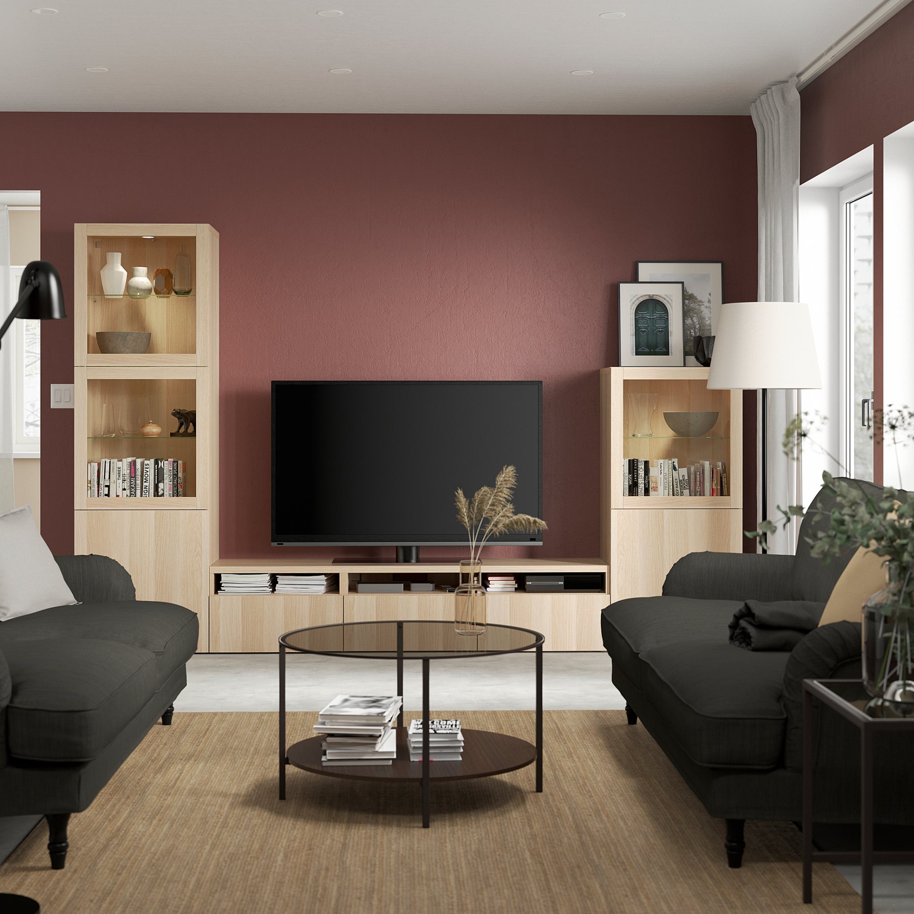 BESTÅ, σύνθεση αποθήκευσης TV/γυάλινες πόρτες/συρτάρια με μαλακό κλείσιμο, 300x42x193 cm, 393.308.01
