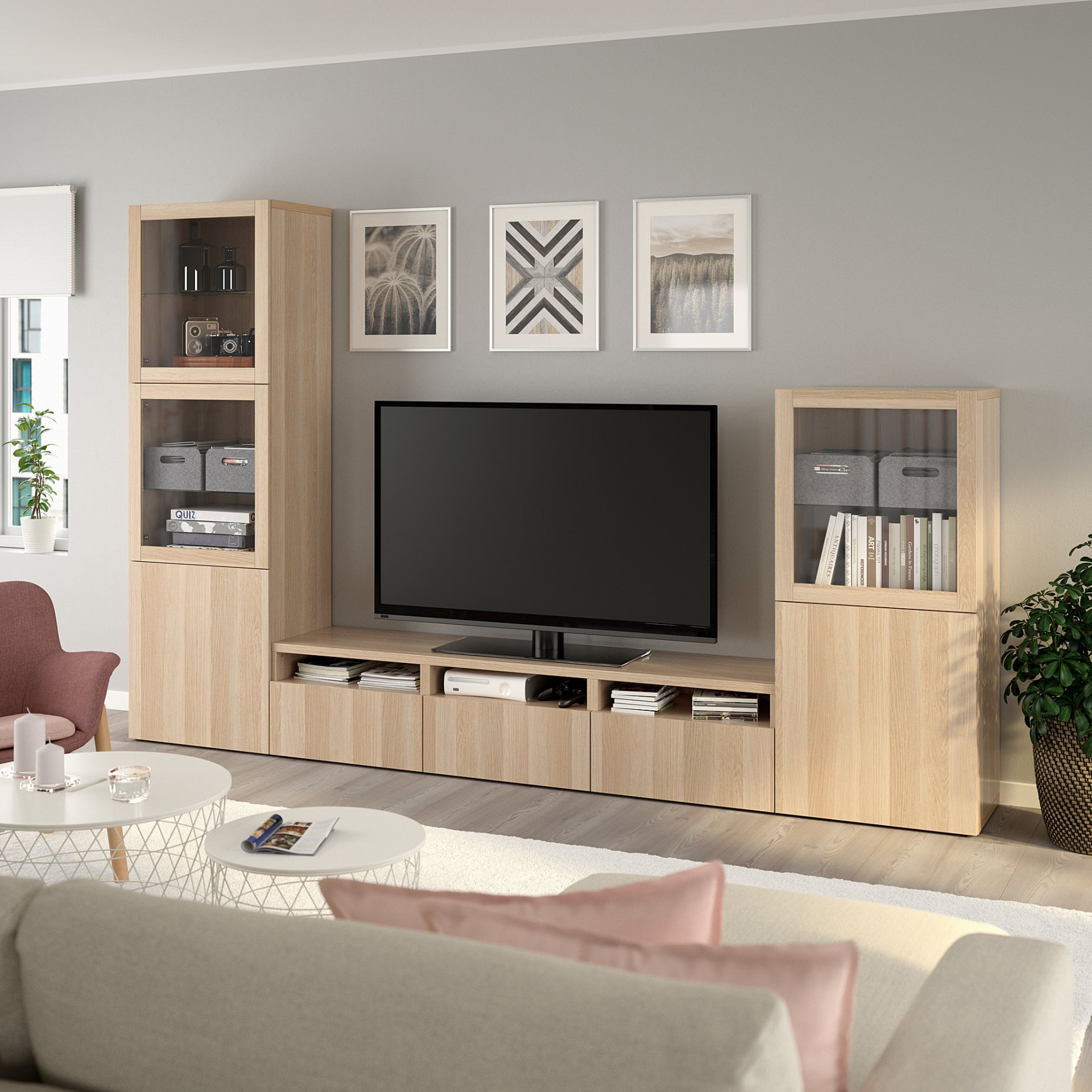 BESTÅ, σύνθεση αποθήκευσης TV/γυάλινες πόρτες/συρτάρια με μαλακό κλείσιμο, 300x42x193 cm, 393.308.01