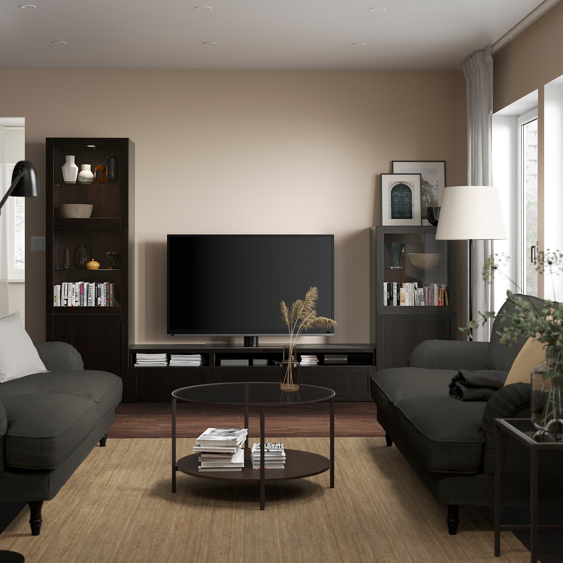 BESTÅ, TV storage combination/glass doors/drawers push open, 300x42x193 cm, 394.065.70