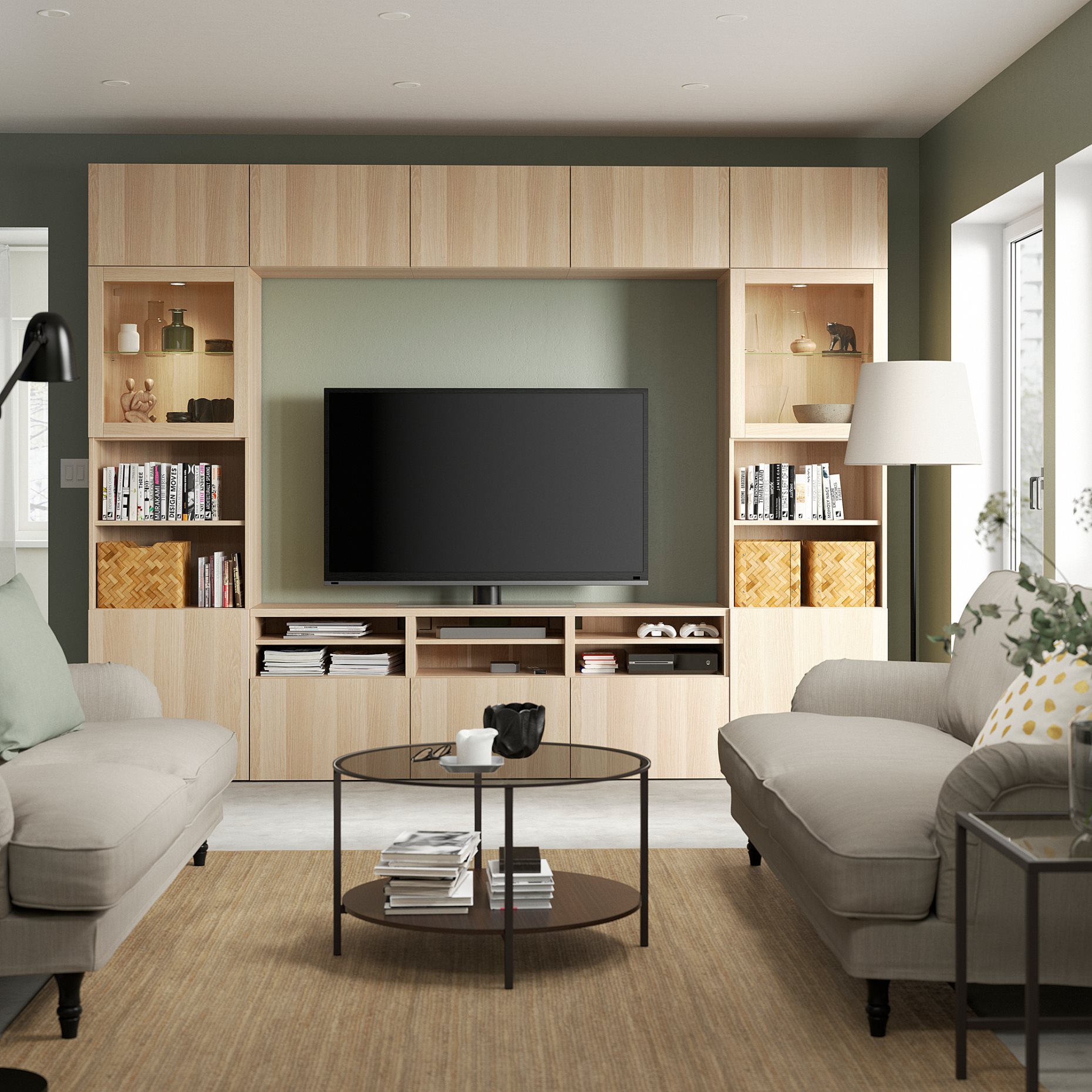 BESTÅ, TV storage combination/glass doors/drawers push open, 300x42x231 cm, 394.110.10