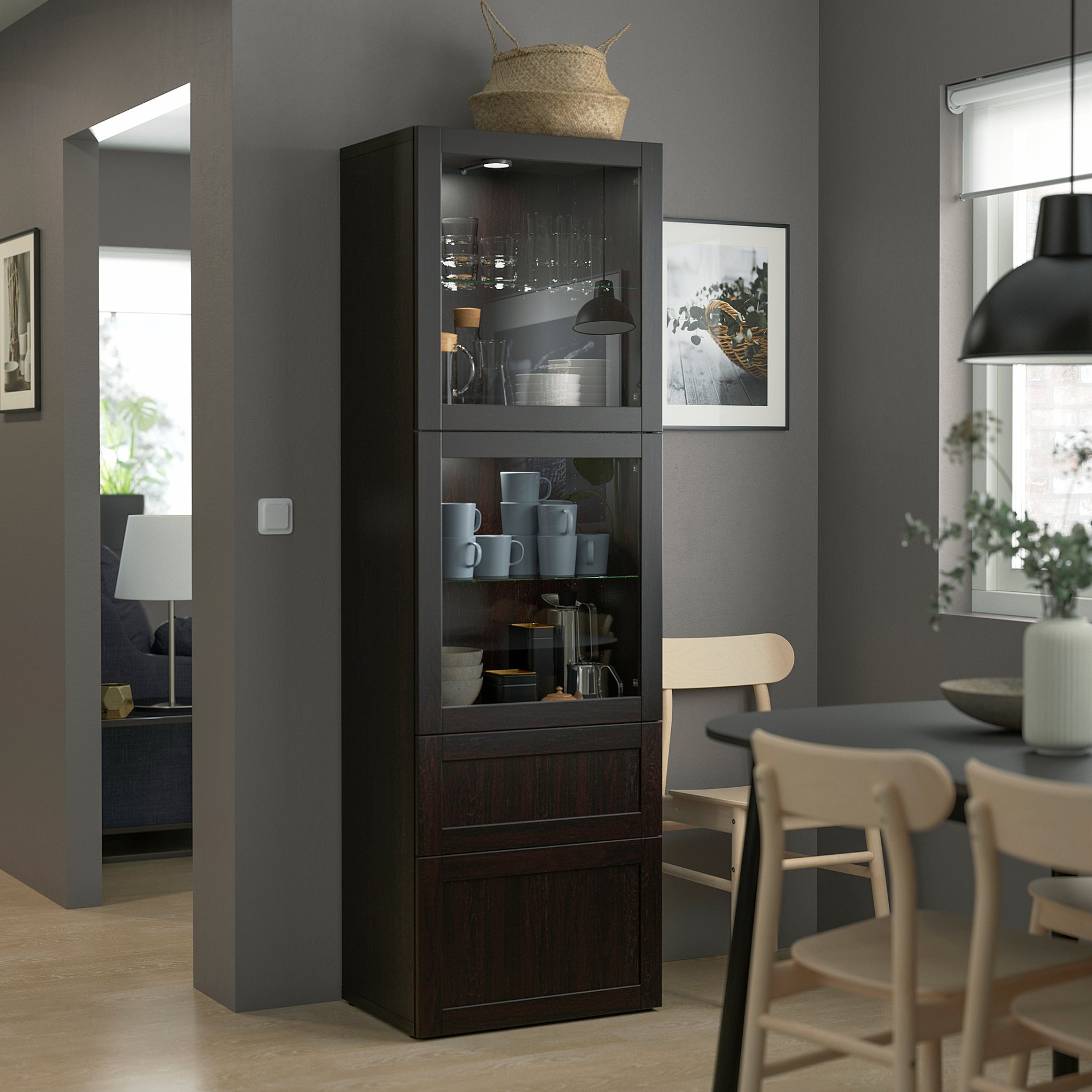 BESTÅ, storage combination with glass doors/drawers soft closing, 60x42x193 cm, 493.008.70