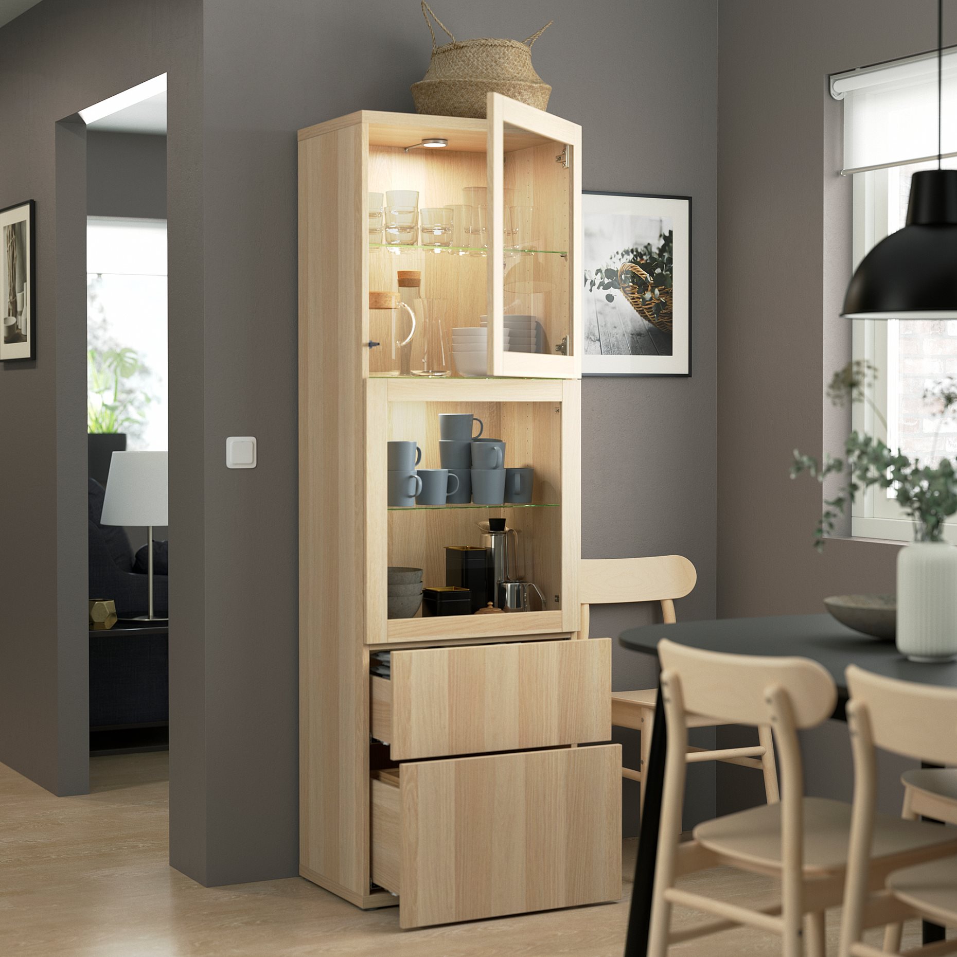 BESTÅ, storage combination with glass doors/drawers soft closing, 60x42x193 cm, 593.008.60