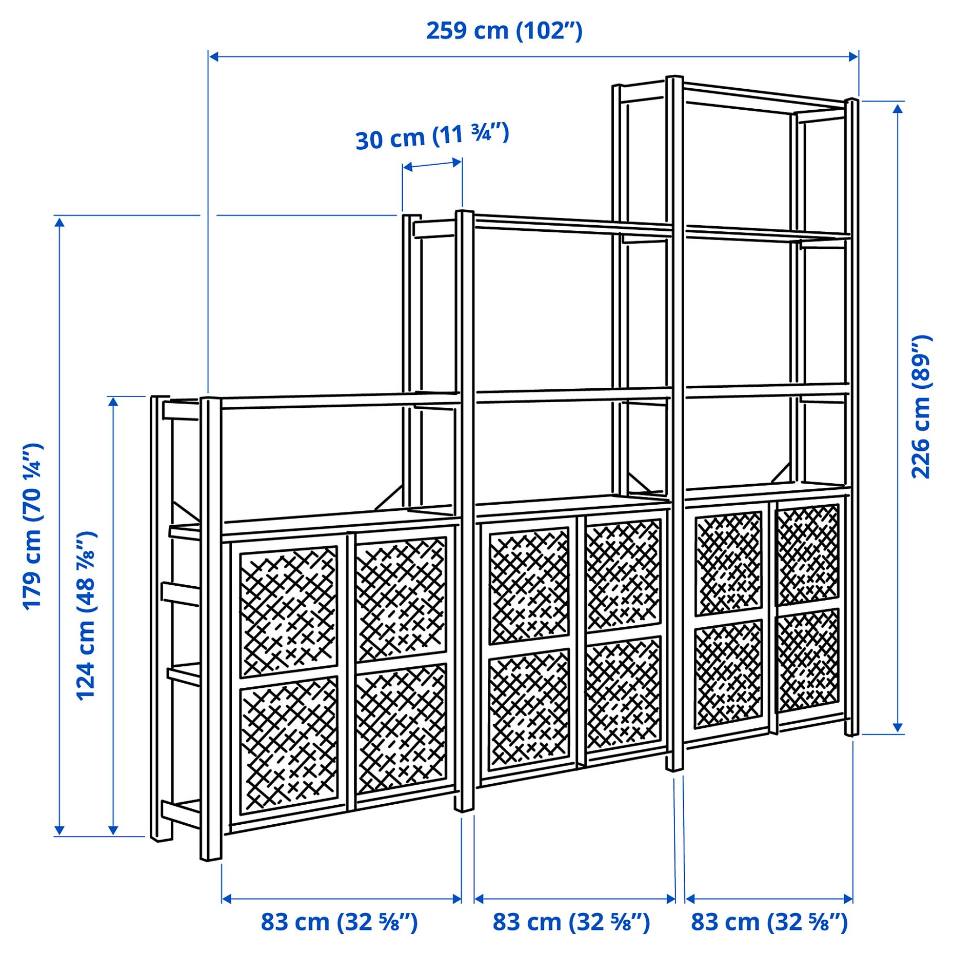 IVAR, shelving unit with doors, 259x30x226 cm, 594.034.72