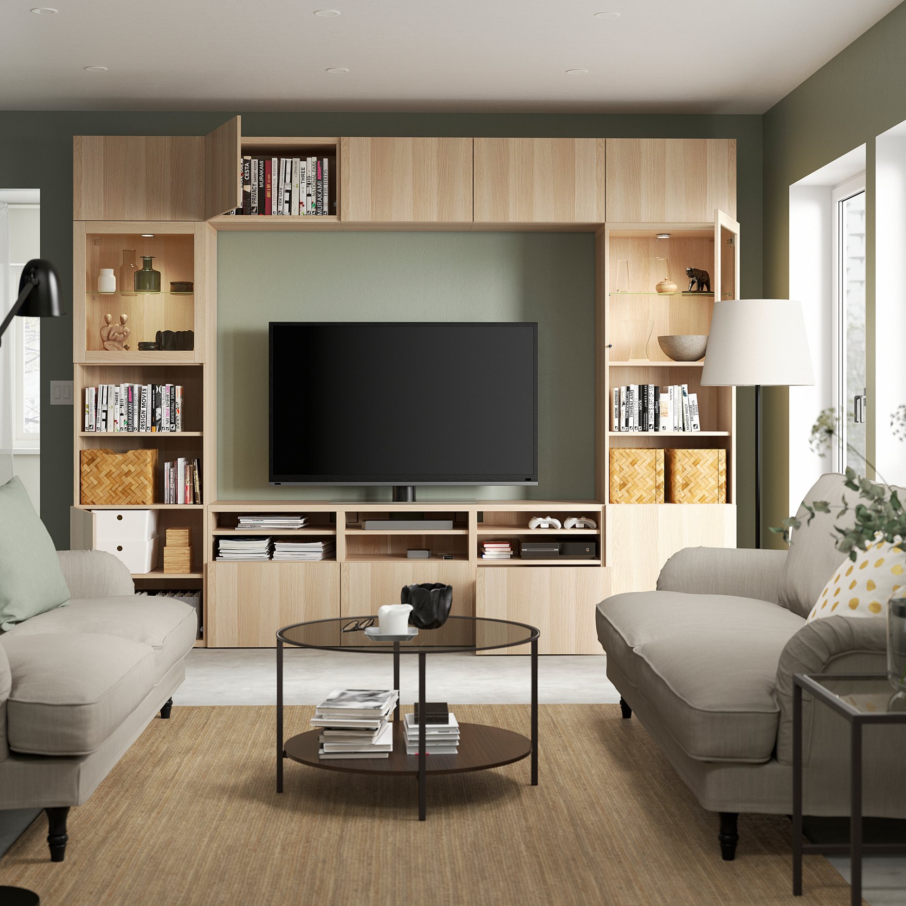 BESTÅ, TV storage combination/glass doors/drawers soft closing, 300x42x231 cm, 594.110.14