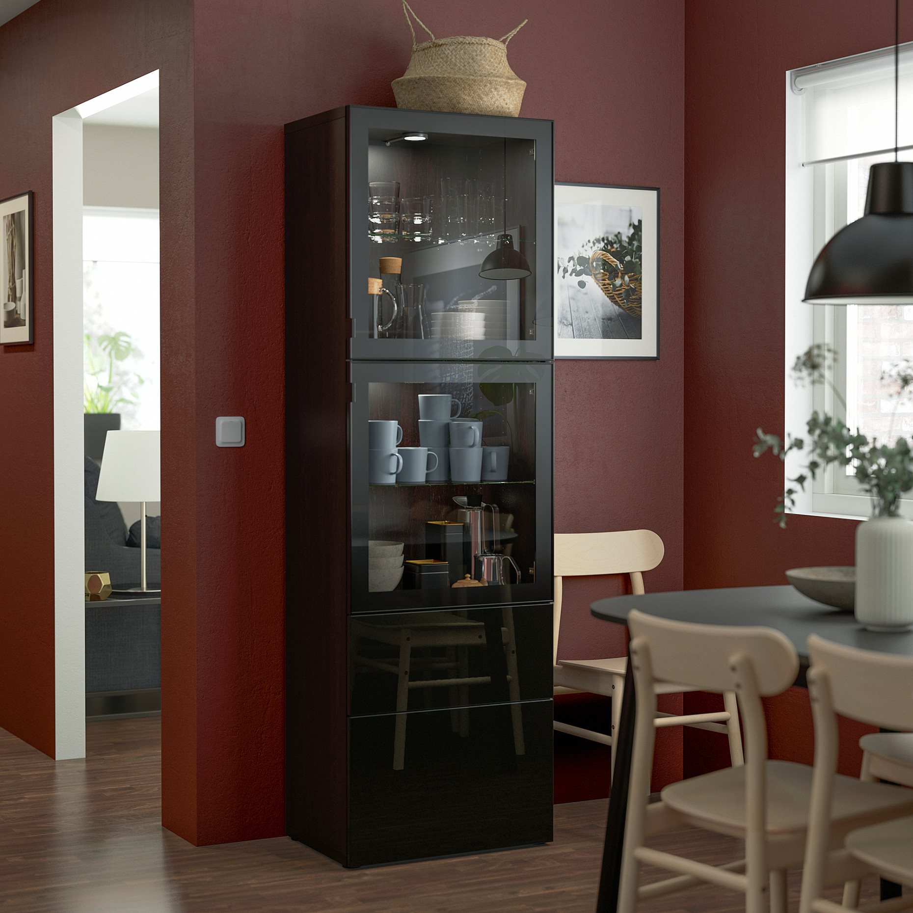 BESTÅ, storage combination with glass doors/drawers soft closing, 60x42x193 cm, 693.011.09