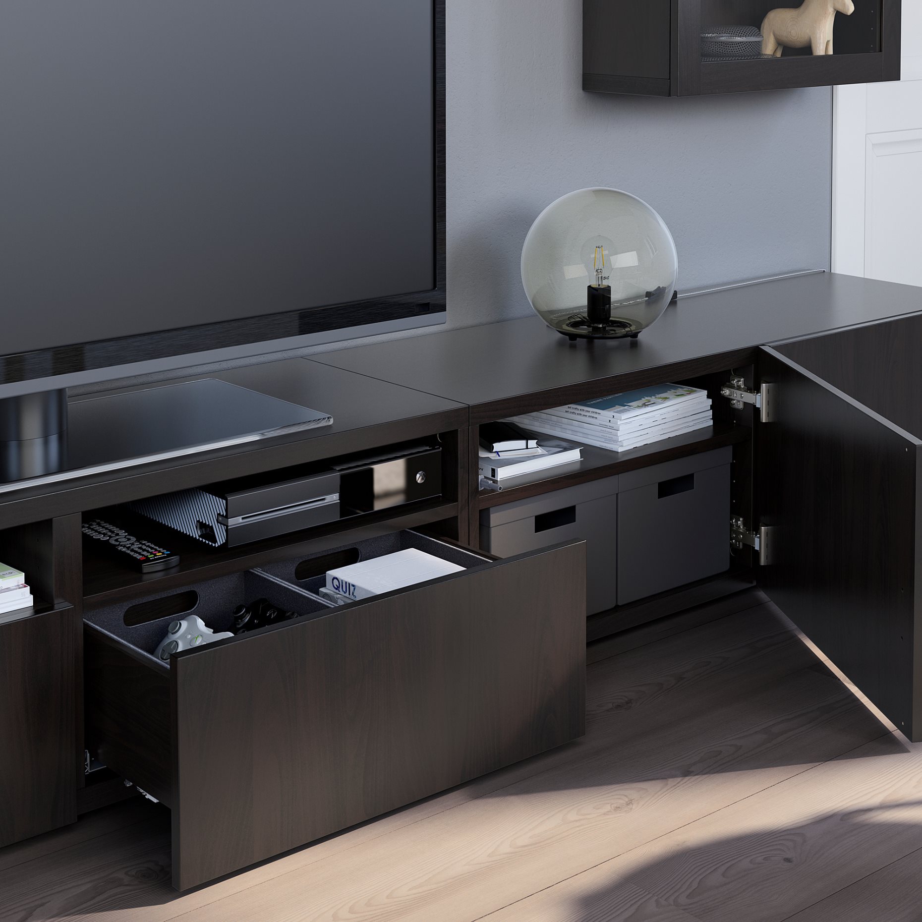 BESTÅ, TV storage combination/glass doors/drawers push open, 240x42x190 cm, 694.112.97