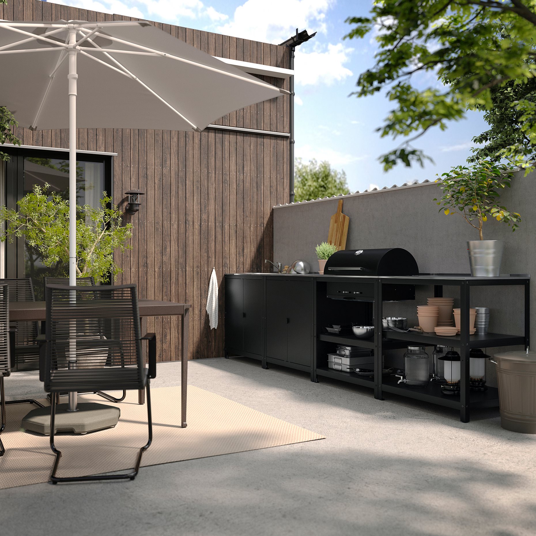 GRILLSKÄR, kitchen sink unit/charcoal barbecue/outdoor, 344x61 cm, 794.968.80