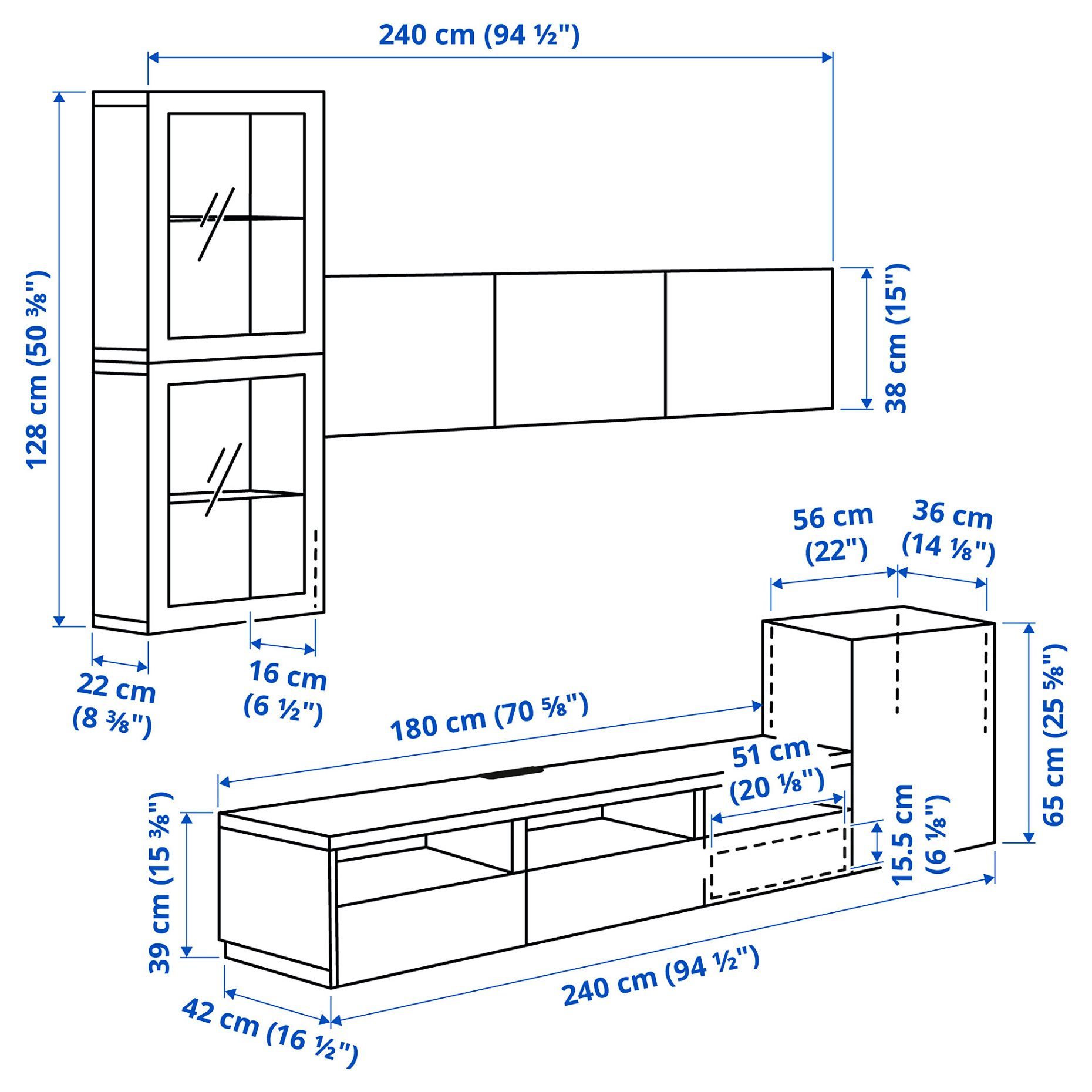 BESTÅ, TV storage combination/glass doors/drawers soft closing, 300x42x211 cm, 194.069.29