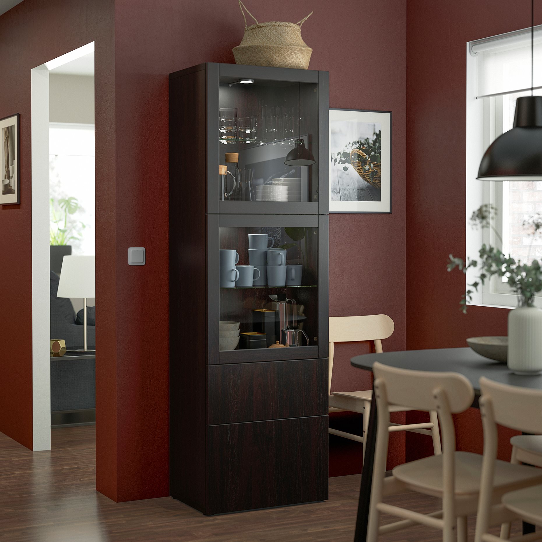 BESTÅ, storage combination with glass doors/drawers soft closing, 60x42x193 cm, 293.008.47