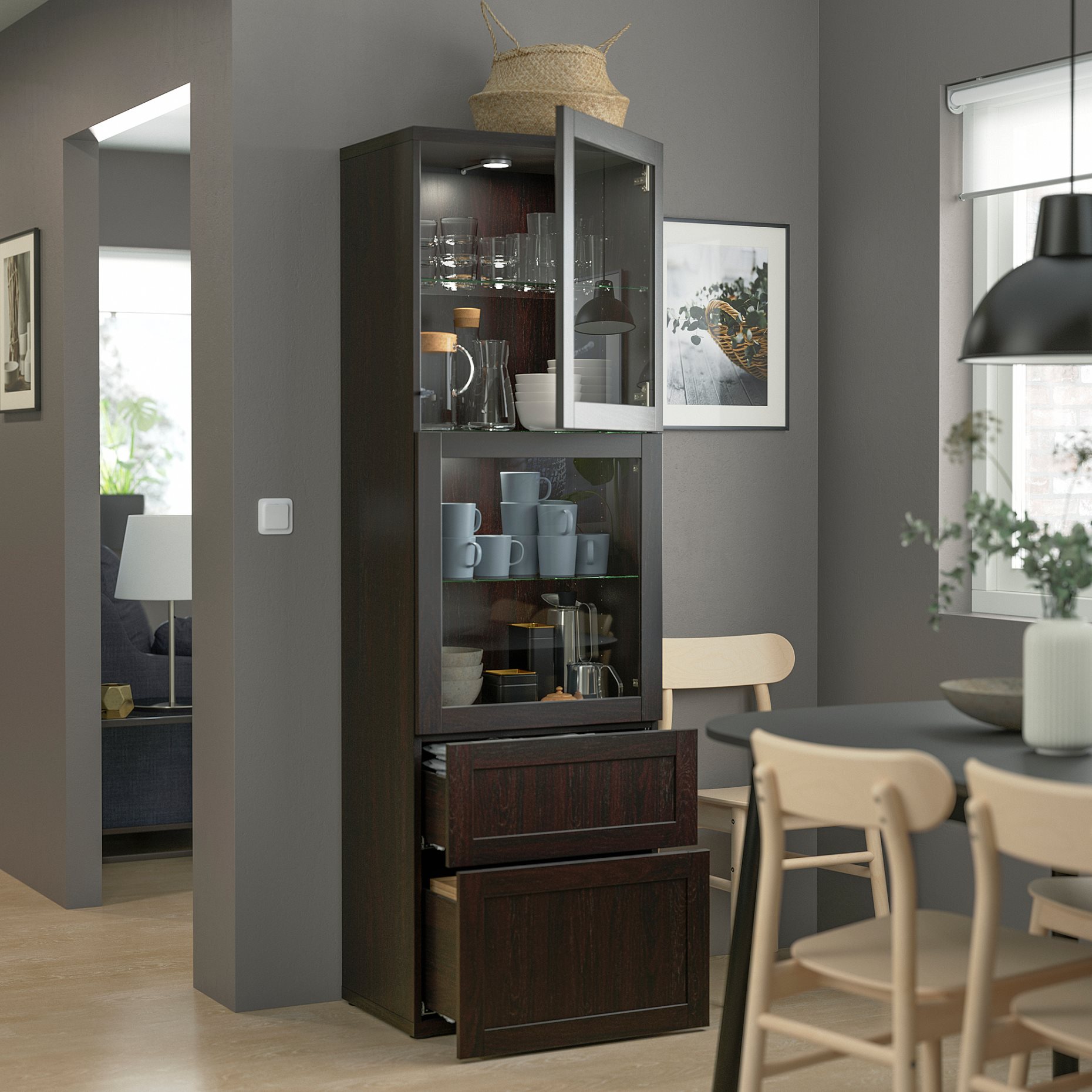 BESTÅ, storage combination with glass doors/drawers soft closing, 60x42x193 cm, 493.008.70
