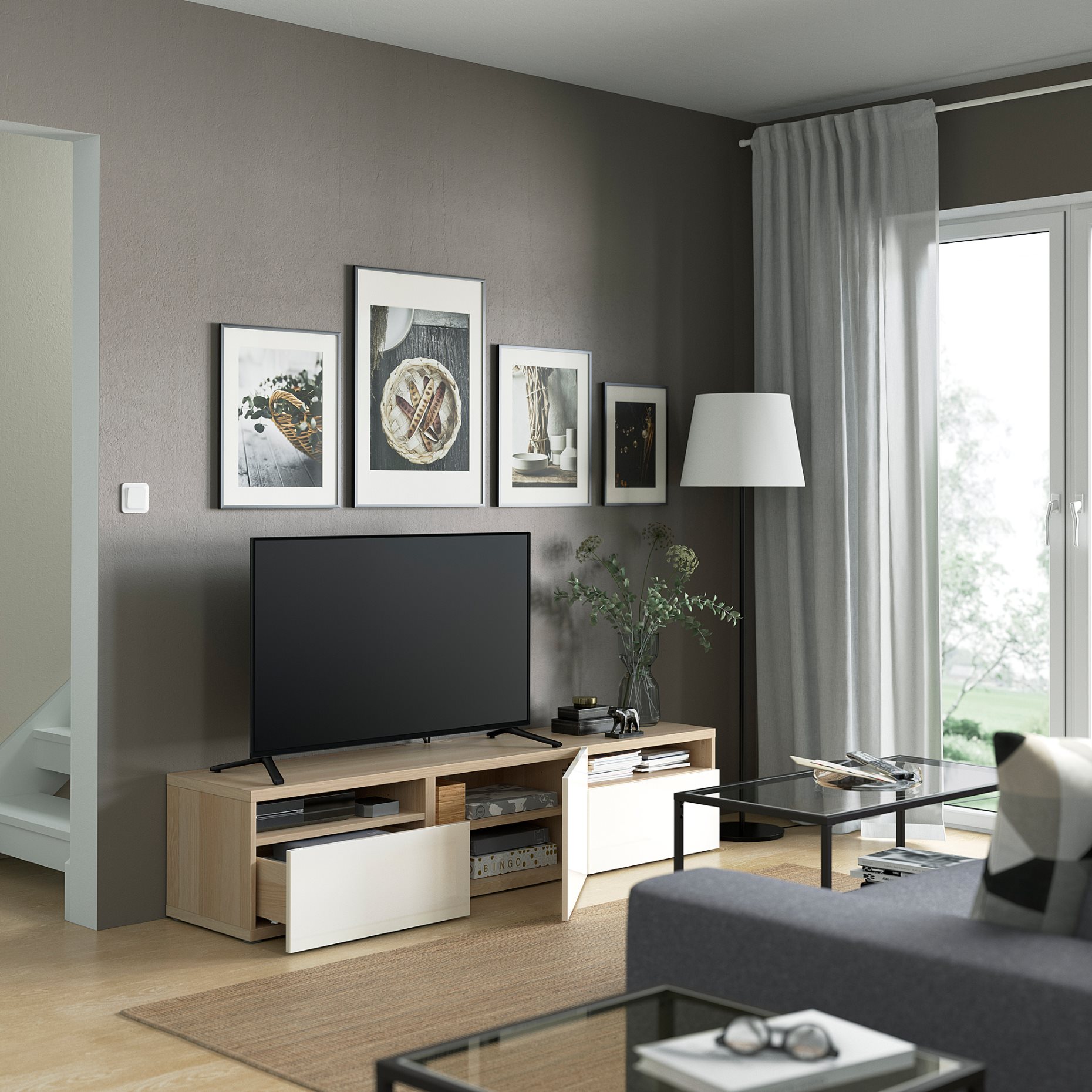BESTÅ, TV bench with door/drawers soft closing, 180x42x39 cm, 493.286.14
