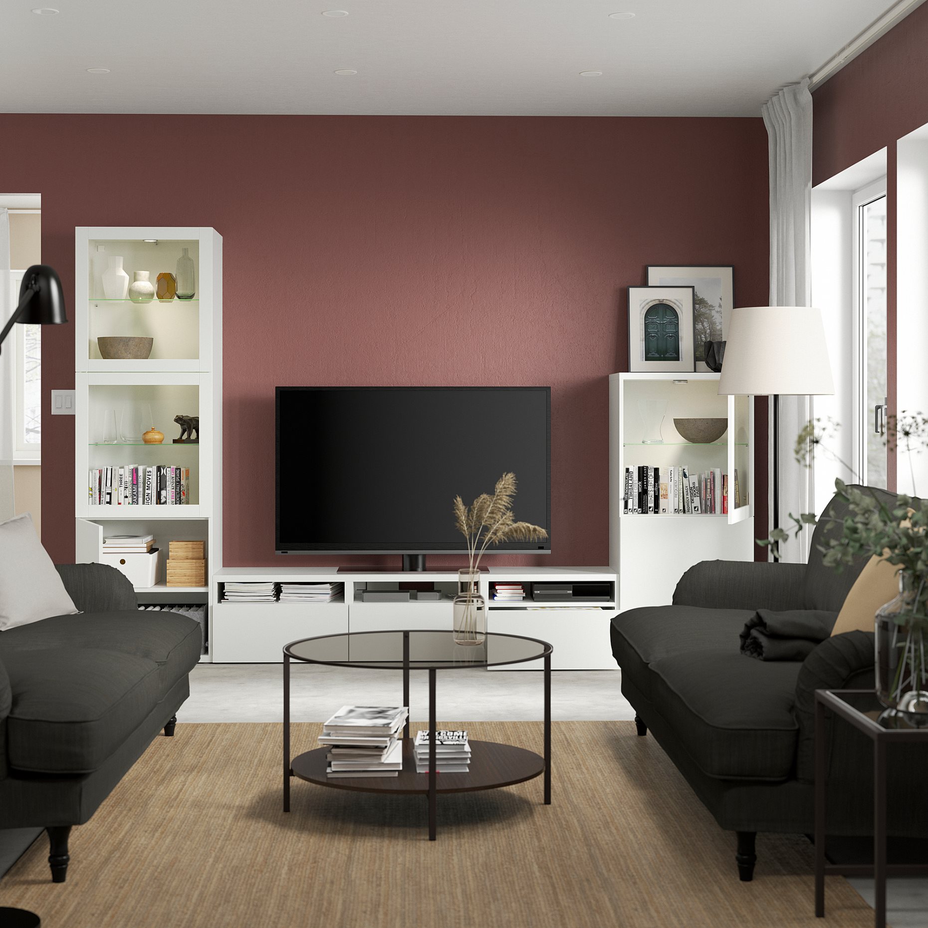 BESTÅ, σύνθεση αποθήκευσης TV/γυάλινες πόρτες/συρτάρια ανοίγματος με πίεση, 300x42x193 cm, 694.063.85