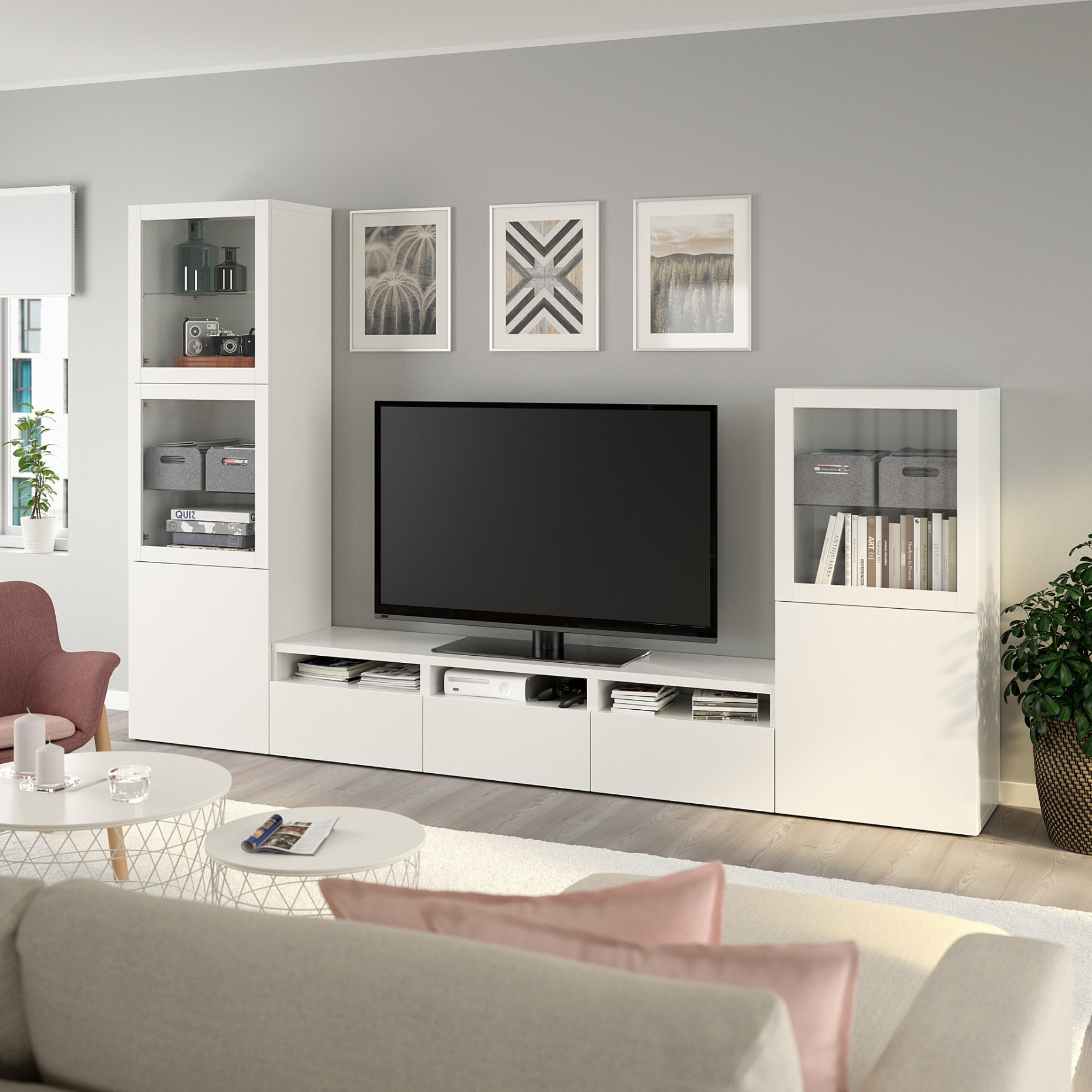 BESTÅ, σύνθεση αποθήκευσης TV/γυάλινες πόρτες/συρτάρια ανοίγματος με πίεση, 300x42x193 cm, 694.063.85