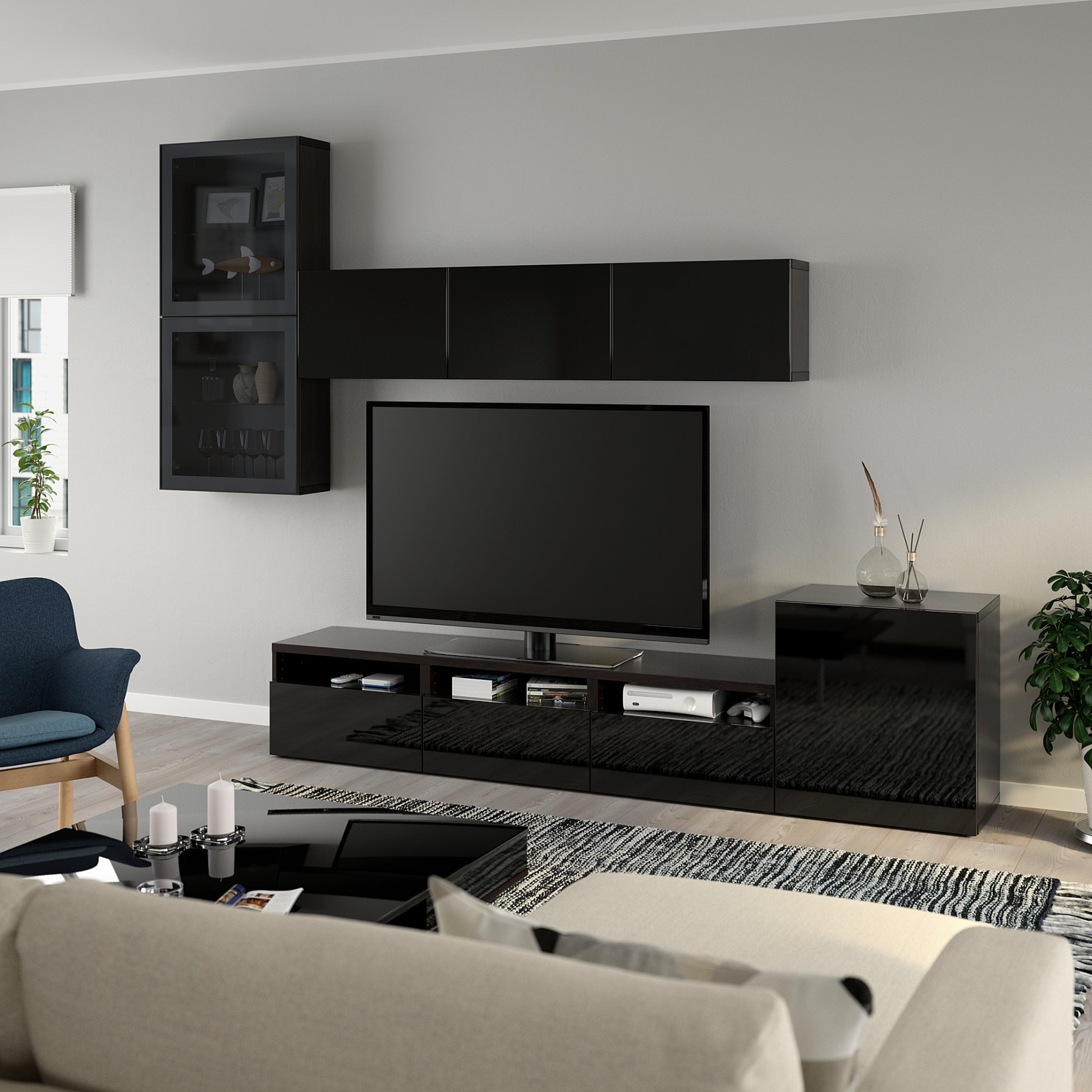 BESTÅ, TV storage combination/glass doors/drawers push open, 300x42x211 cm, 694.067.19