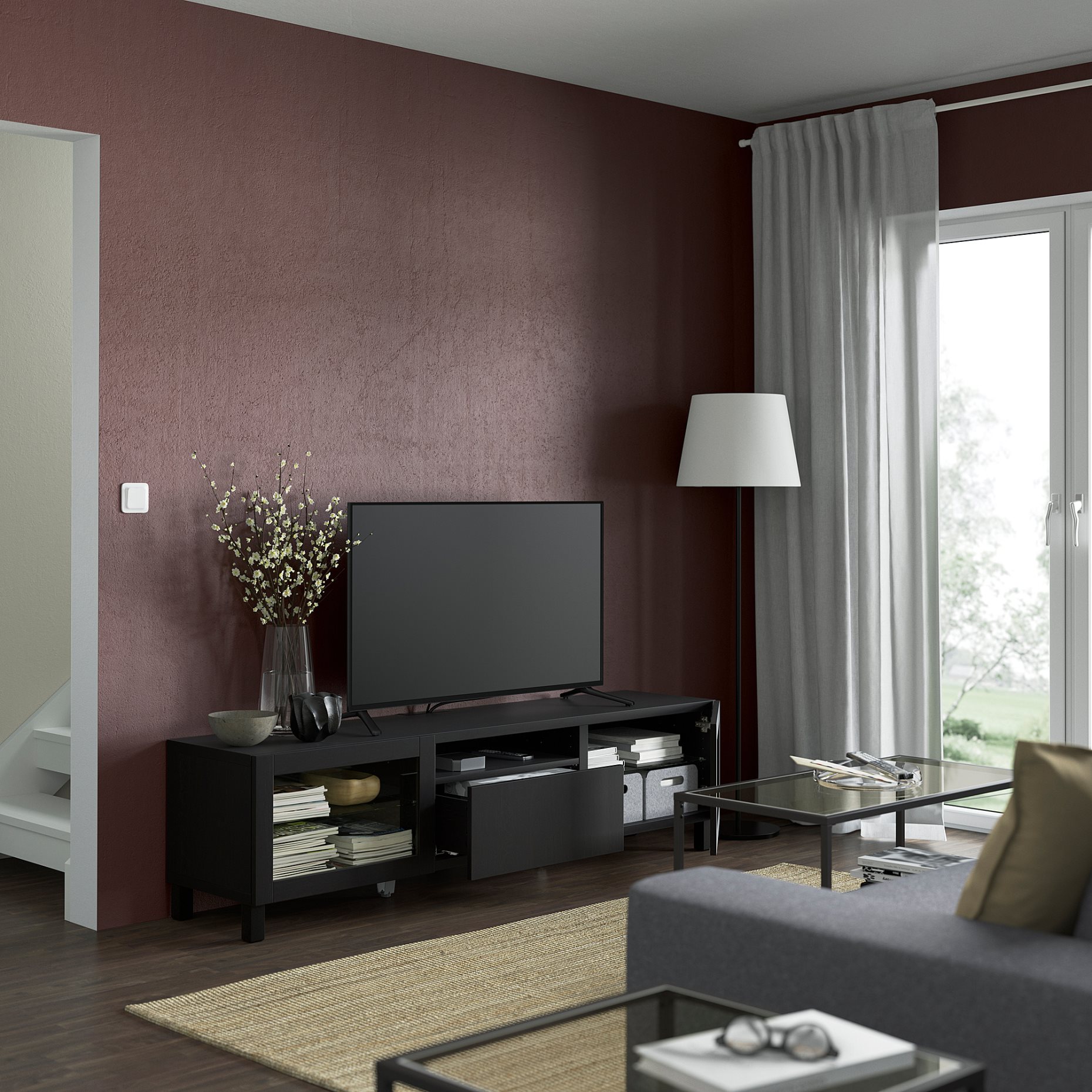 BESTÅ, TV bench with doors/drawer soft closing, 180x42x48 cm, 893.291.88