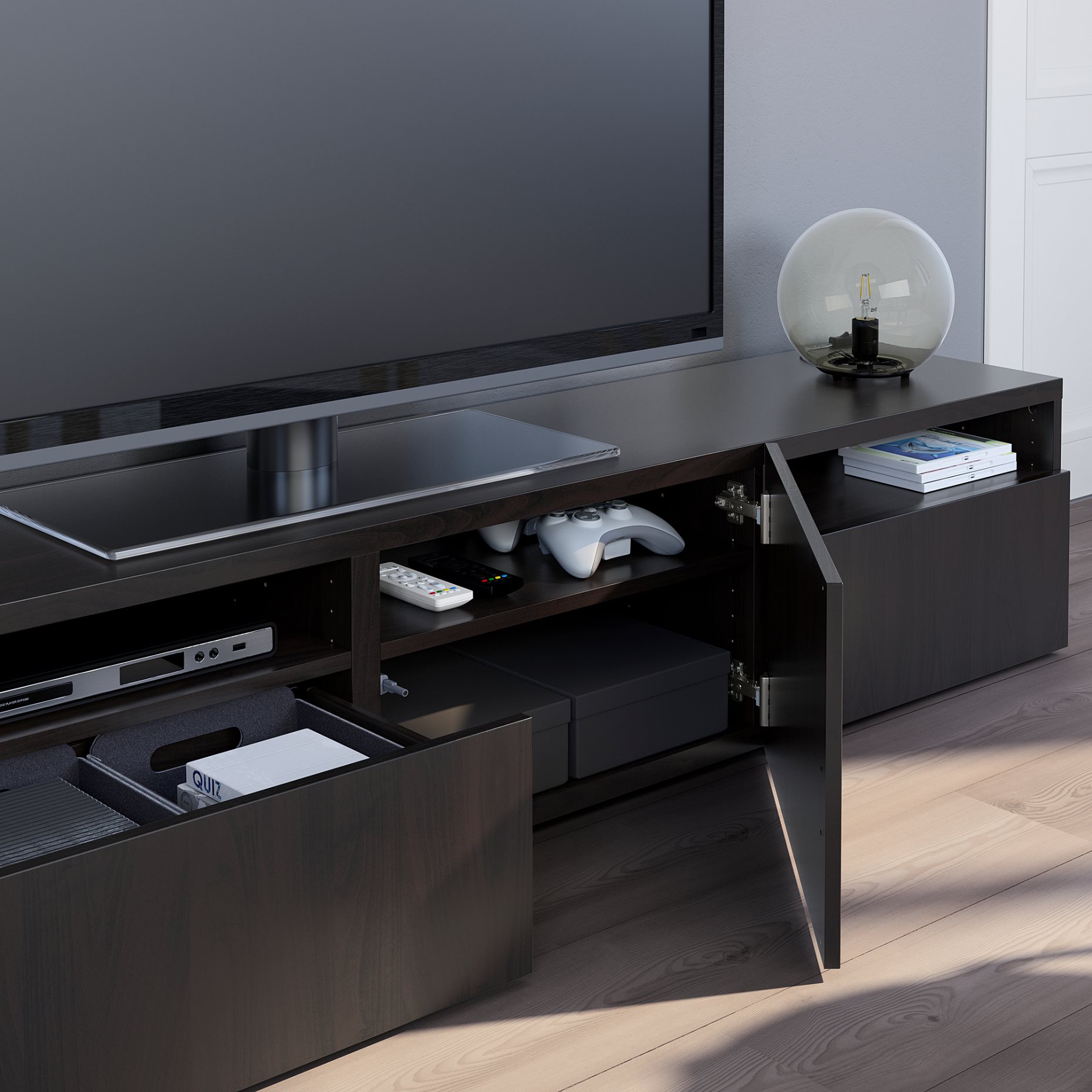 BESTÅ, TV bench with door/drawers soft closing, 180x42x39 cm, 193.284.13